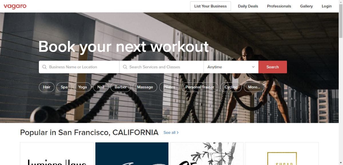 Screenshot of the Vagaro landing pages with the H1 copy "Book your next workout"