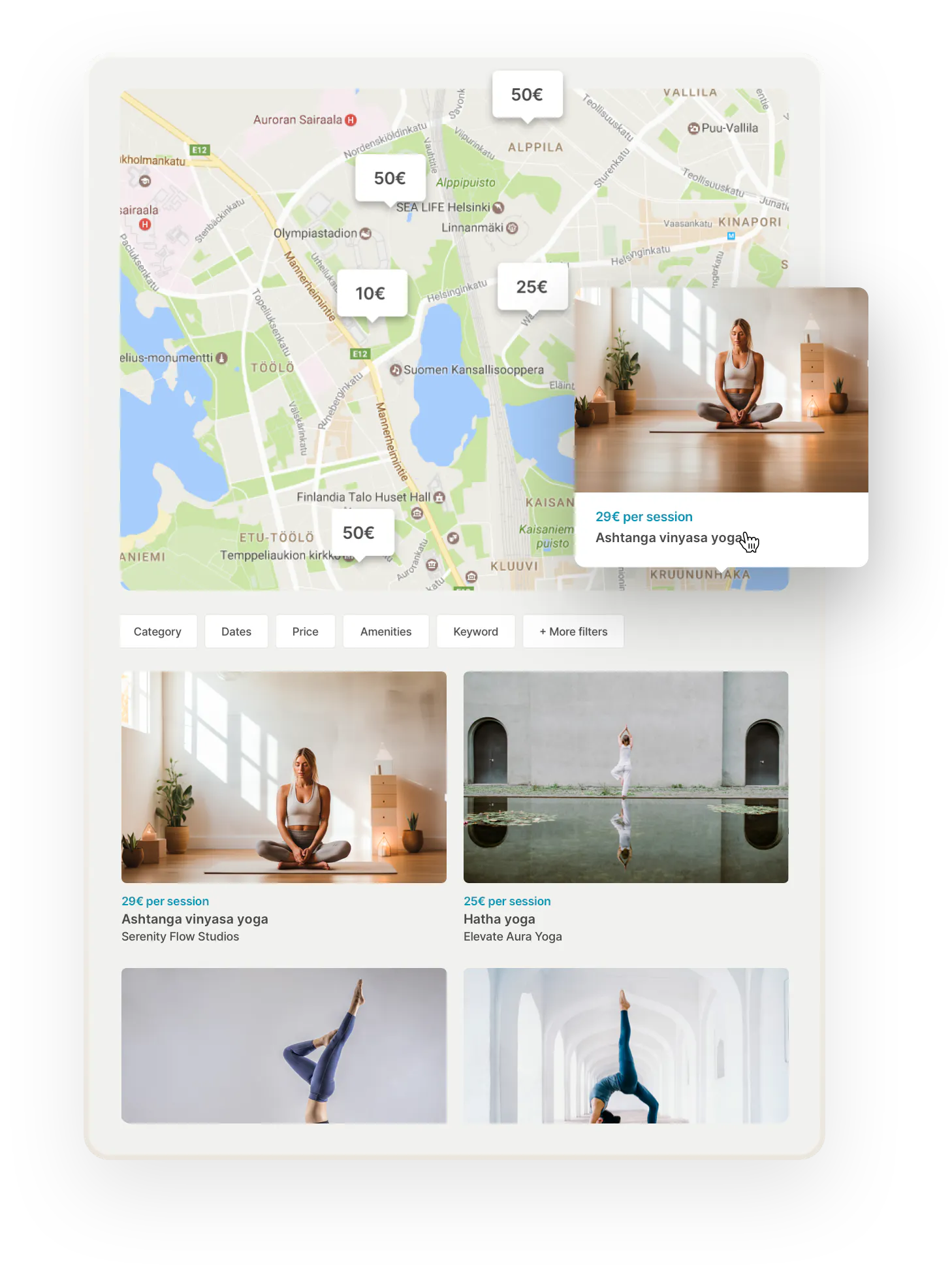 A map on a Yogatribe marketplace, with bubbles for addresses with yoga classes. One bubble is opened to show a thumbnail for an Ashtanga vinyasa yoga class. Below, there are some additional filters like dates and keywords. Then, some yoga class thumbnails.