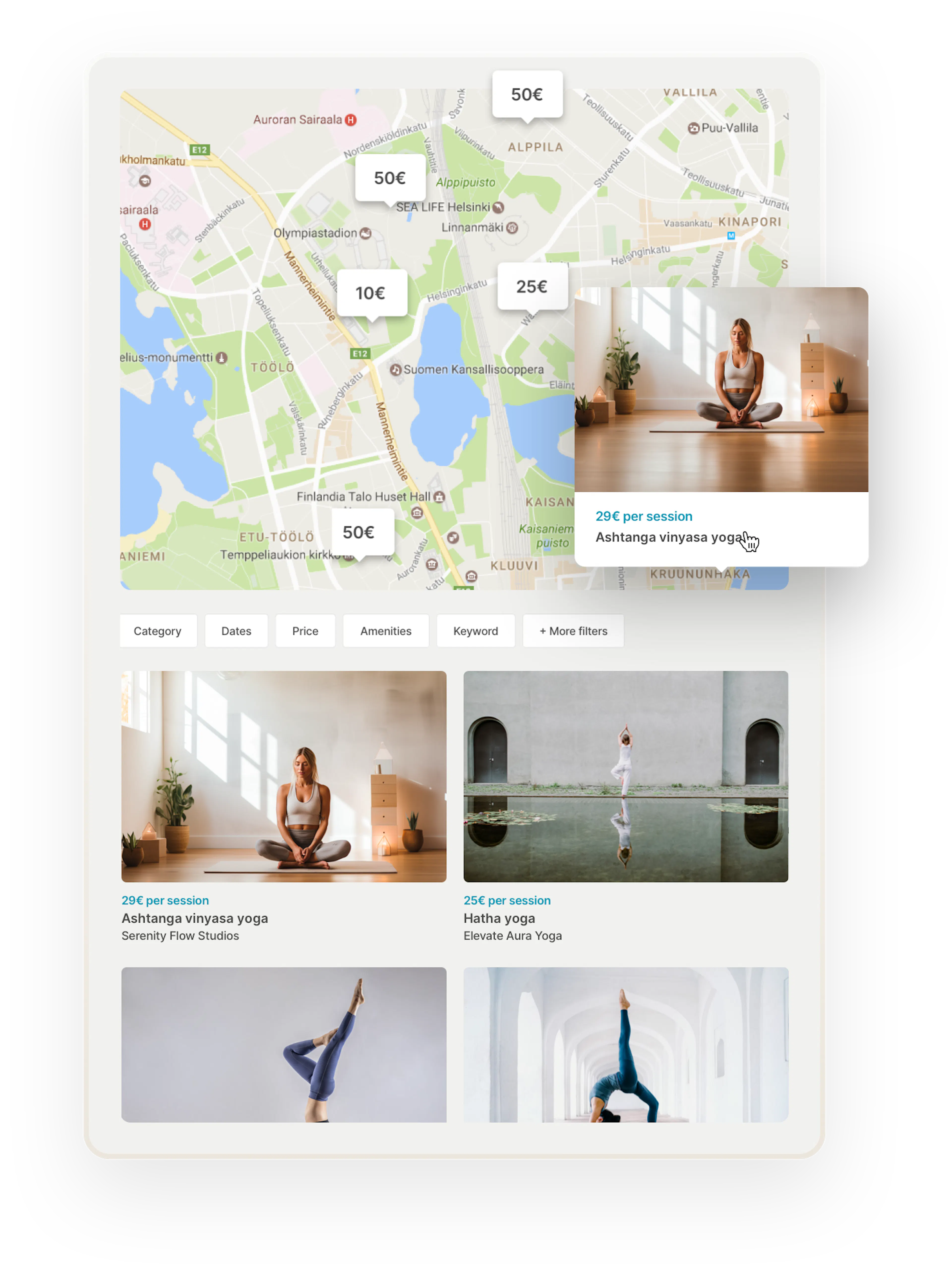 A map on a Yogatribe marketplace, with bubbles for addresses with yoga classes. One bubble is opened to show a thumbnail for an Ashtanga vinyasa yoga class. Below, there are some additional filters like dates and keywords. Then, some yoga class thumbnails. 