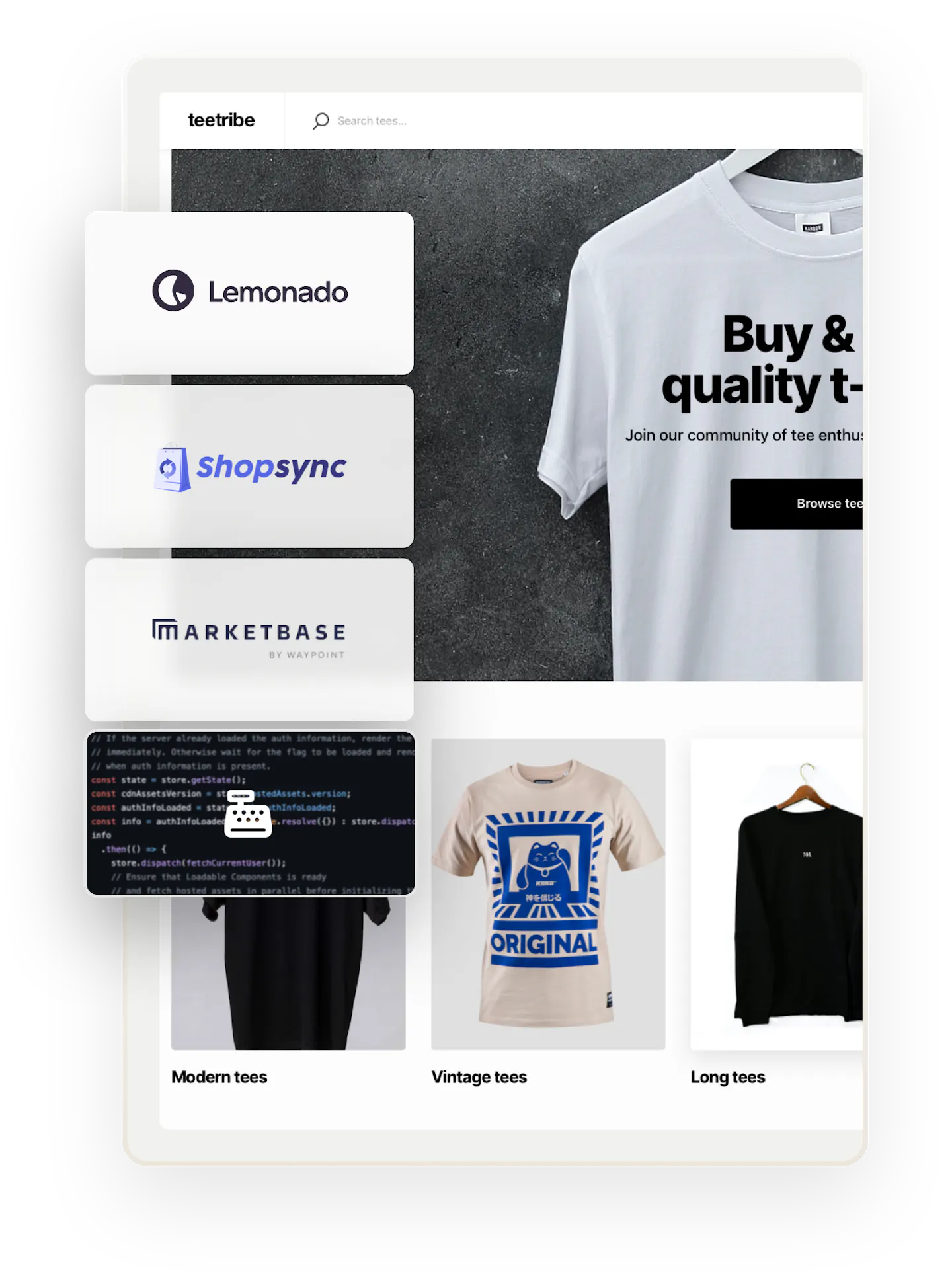 A snapshot of a landing page of Teetribe, a sample marketplace for selling t-shirts, built with Sharetribe. Overlaid on top are boxes that have logos for companies who have built Sharetribe extensions. One more box includes a code snipper and a cashier symbol to denote integrating third-party systems.