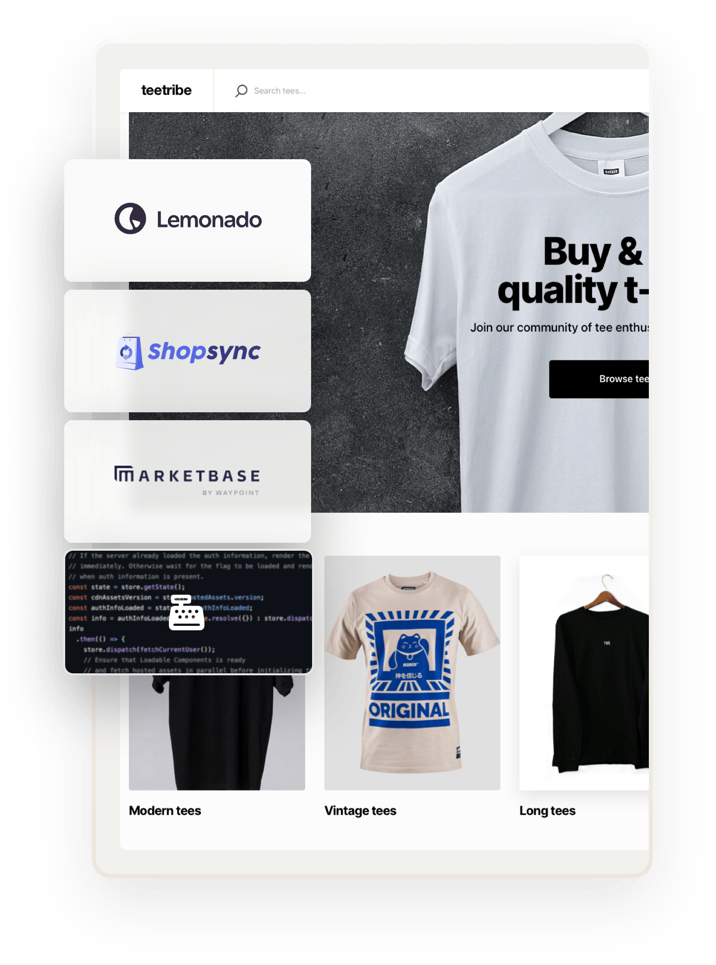 A snapshot of a landing page of Teetribe, a sample marketplace for selling t-shirts, built with Sharetribe. Overlaid on top are boxes that have logos for companies who have built Sharetribe extensions. One more box includes a code snipper and a cashier symbol to denote integrating third-party systems.
