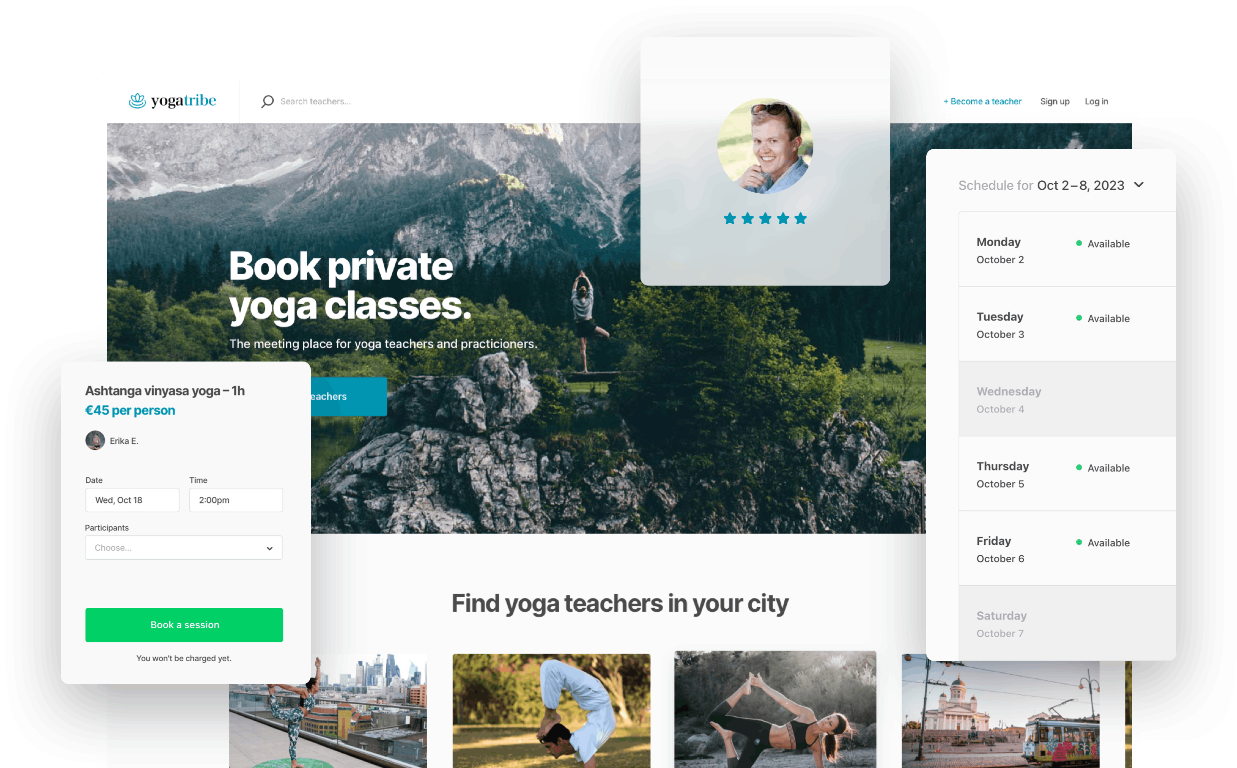A landing page of a sample yoga class marketplace. Overlaid is a booking form, the availability management tool, and a user with a five-star review.