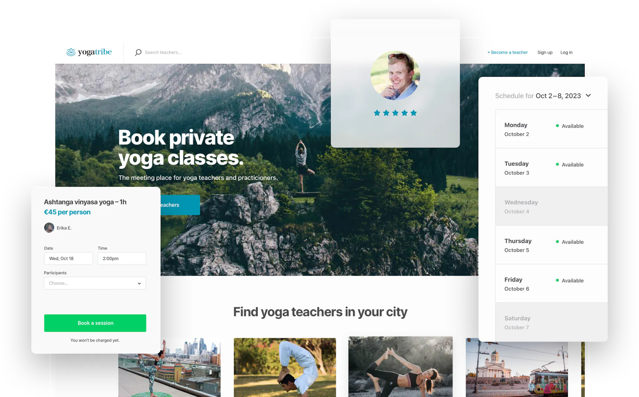 A landing page of a sample yoga class marketplace. Overlaid is a booking form, the availability management tool, and a user with a five-star review.