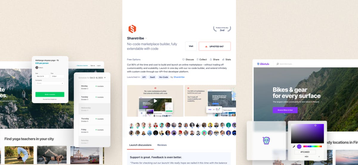 Screenshot of Sharetribe's page on Product Hunt, with 947 upvotes and a laurel for 2nd place Product of the Day.