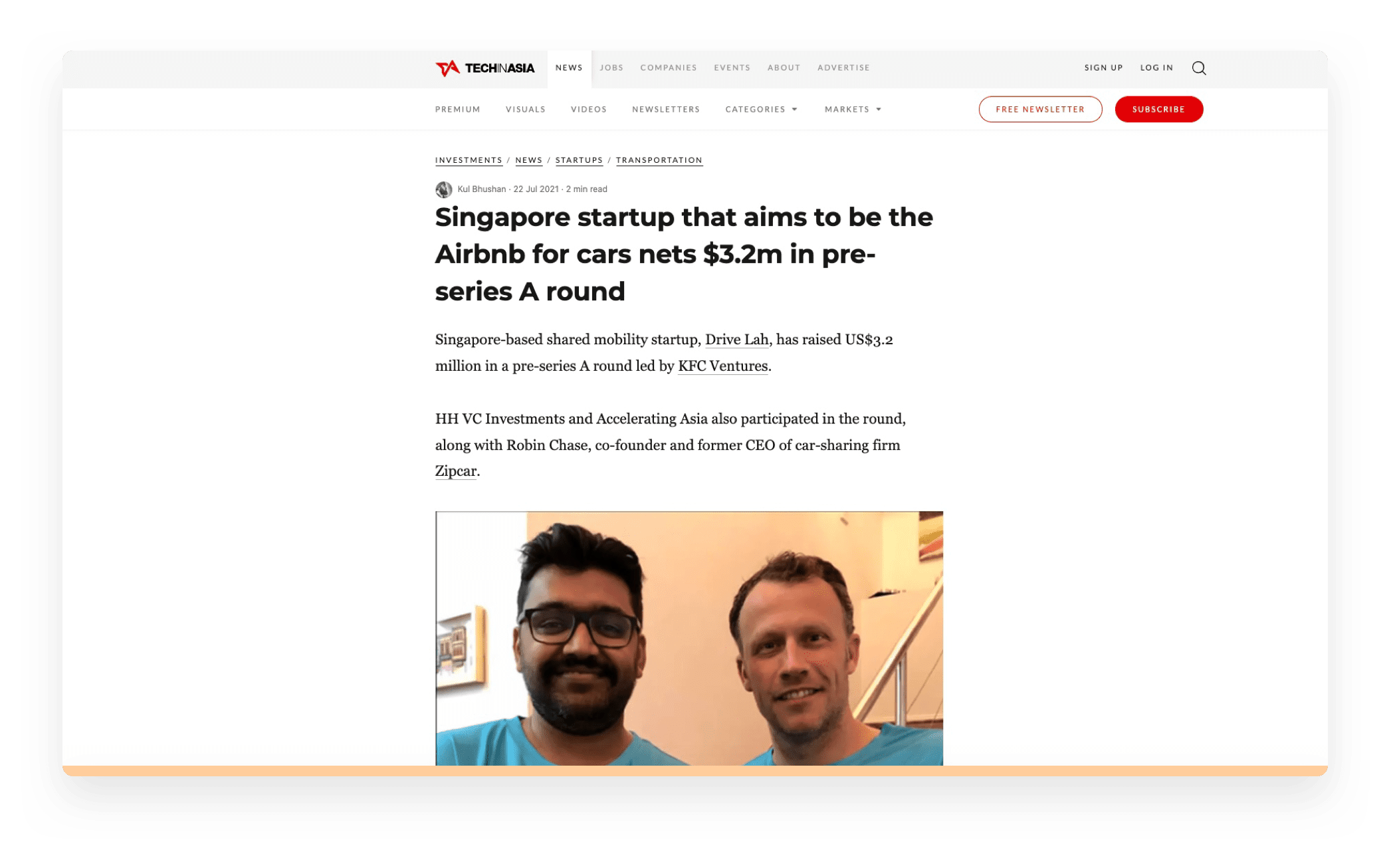 Screenshot of TechinAsia article on Drive lah's marketplace funding round.