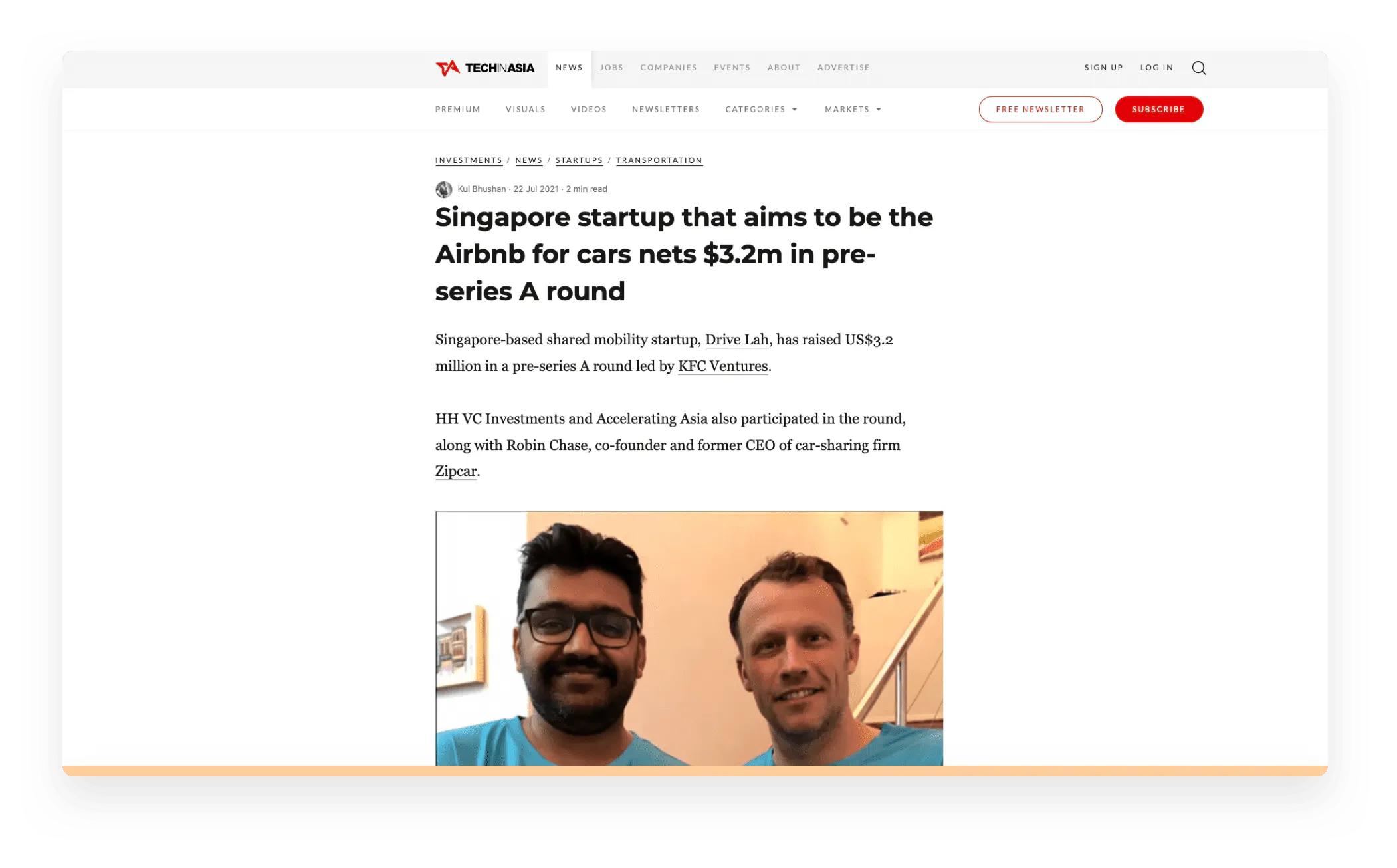 Screenshot of TechinAsia article on Drive lah's marketplace funding round.