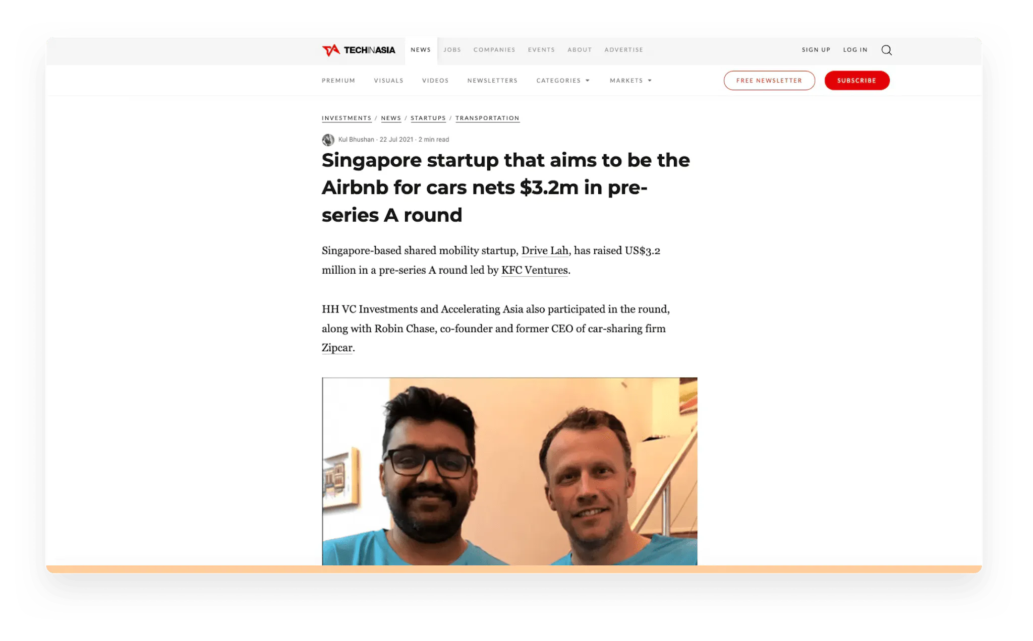 Screenshot of TechinAsia article on Drive lah's marketplace funding round.