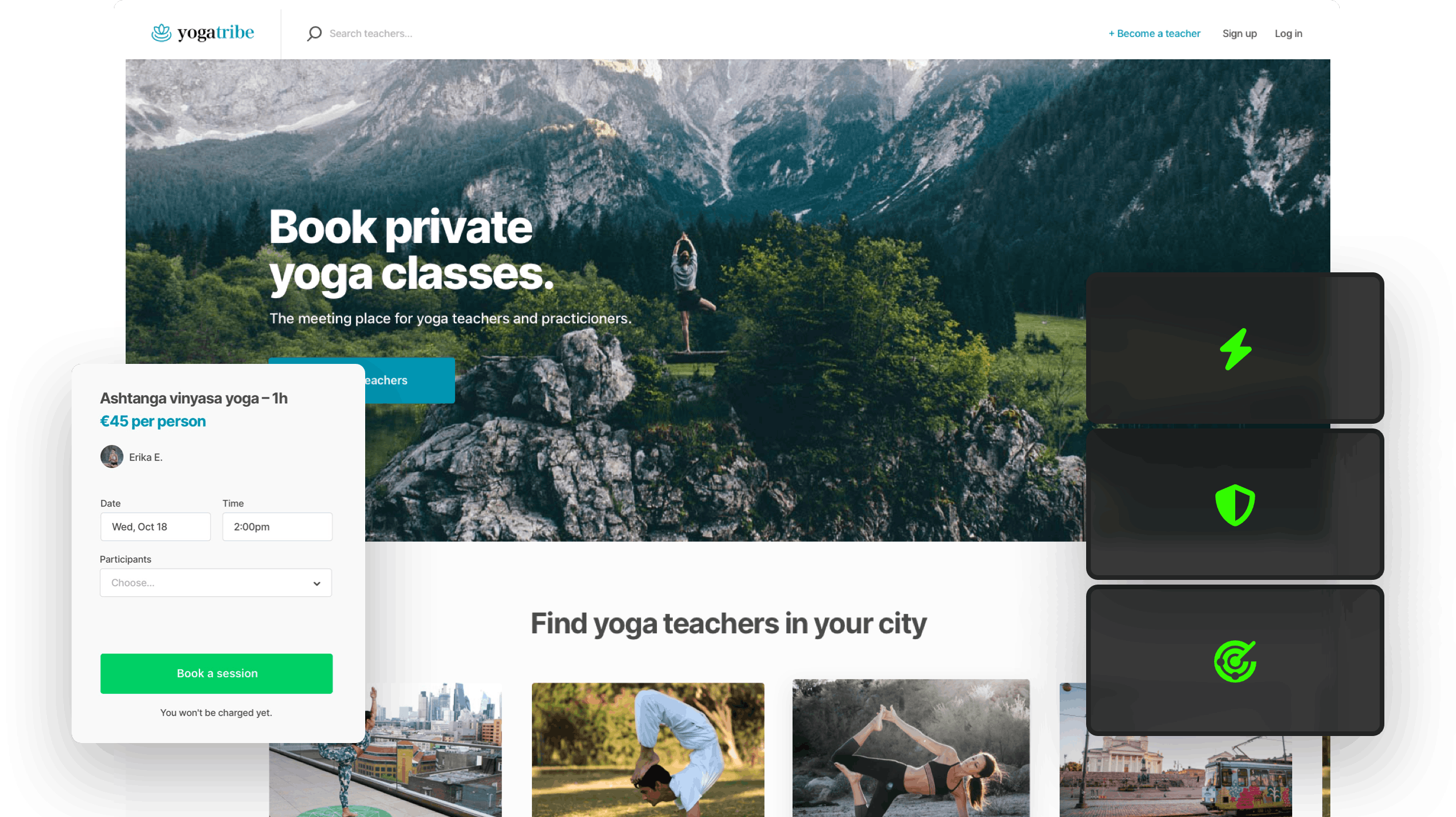 A landing page of a sample yoga class marketplace. Overlaid is a booking form and three symbols: lightning, shield, and bullseye to signify hosted cloud infrastructure benefits. 