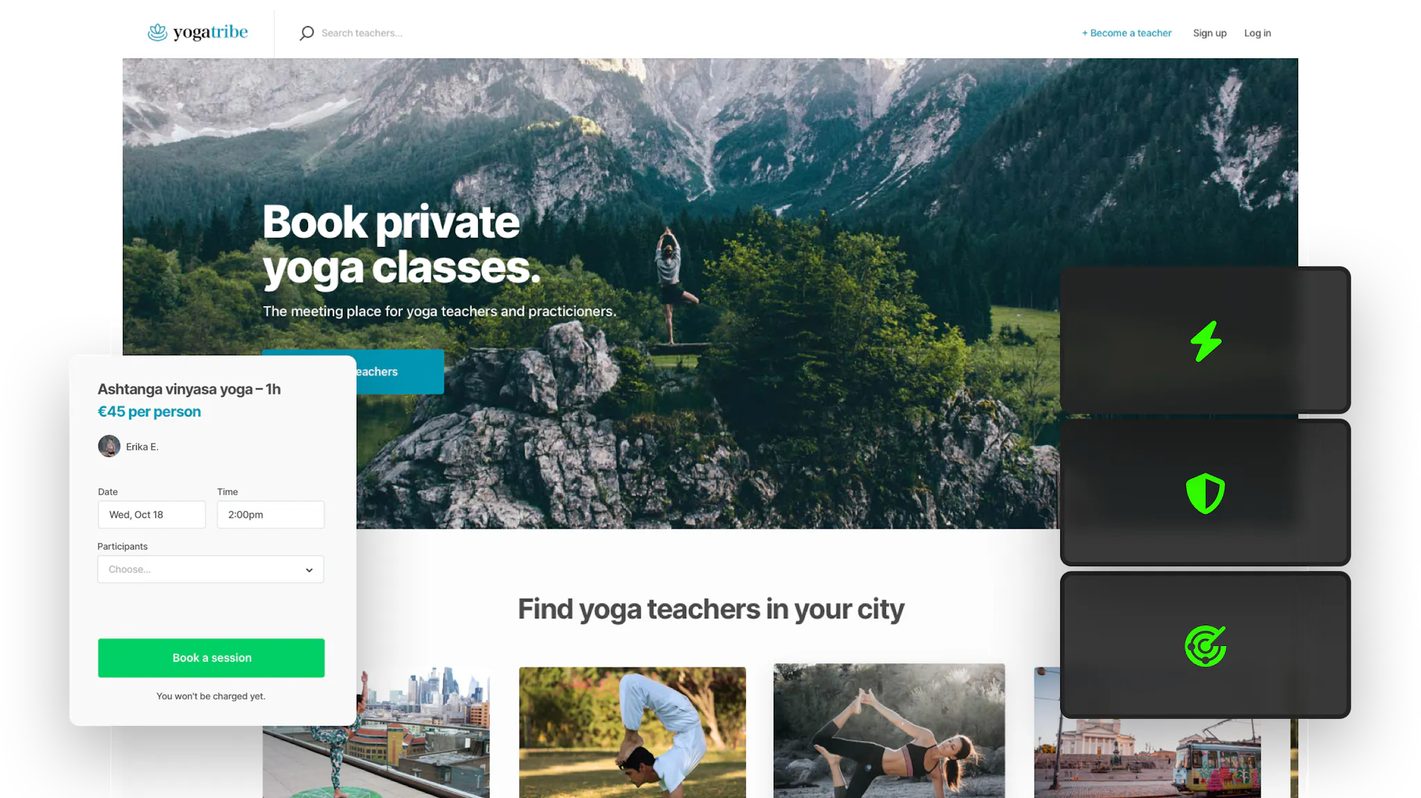 A landing page of a sample yoga class marketplace. Overlaid is a booking form and three symbols: lightning, shield, and bullseye to signify hosted cloud infrastructure benefits. 