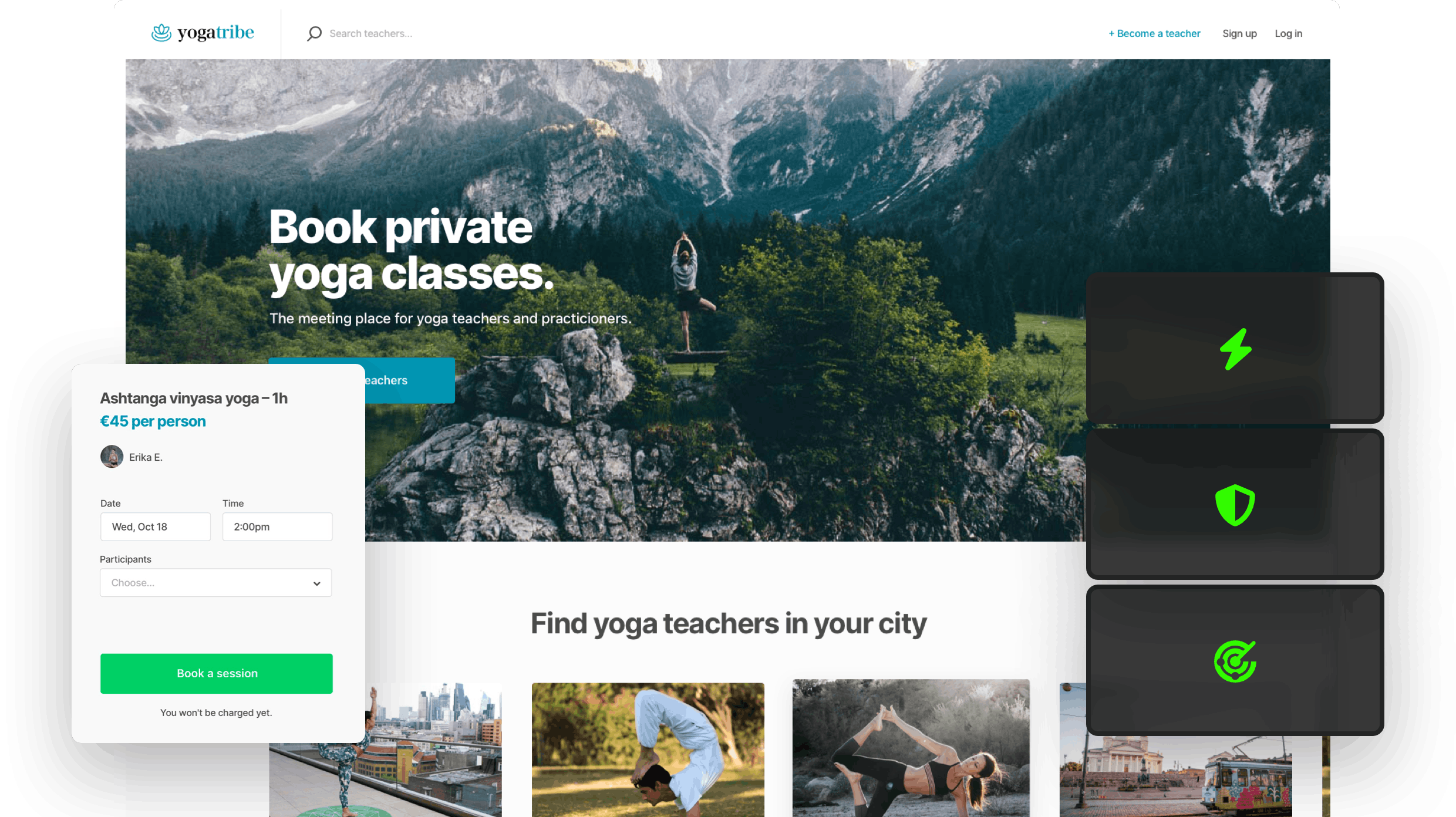 A landing page of sample yoga class marketplace. Overlaid is a booking form and three symbols: lightning, shield, and bullseye to signify hosted cloud infrastructure benefits. 