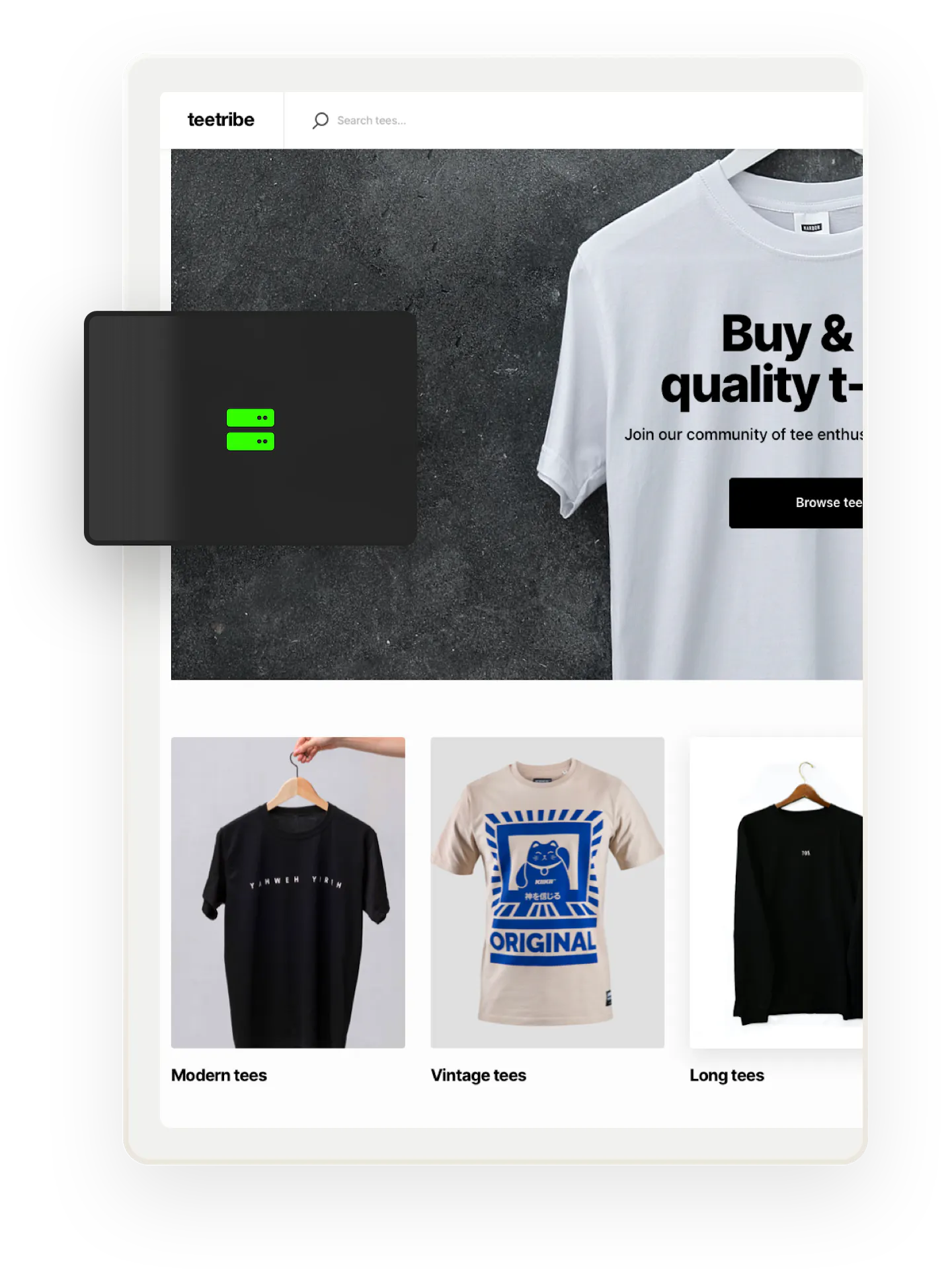 A snapshot of a landing page for Teetribe, a sample marketplace for selling t-shirts.  Overlaid on top is an icon of two servers on top of each other.