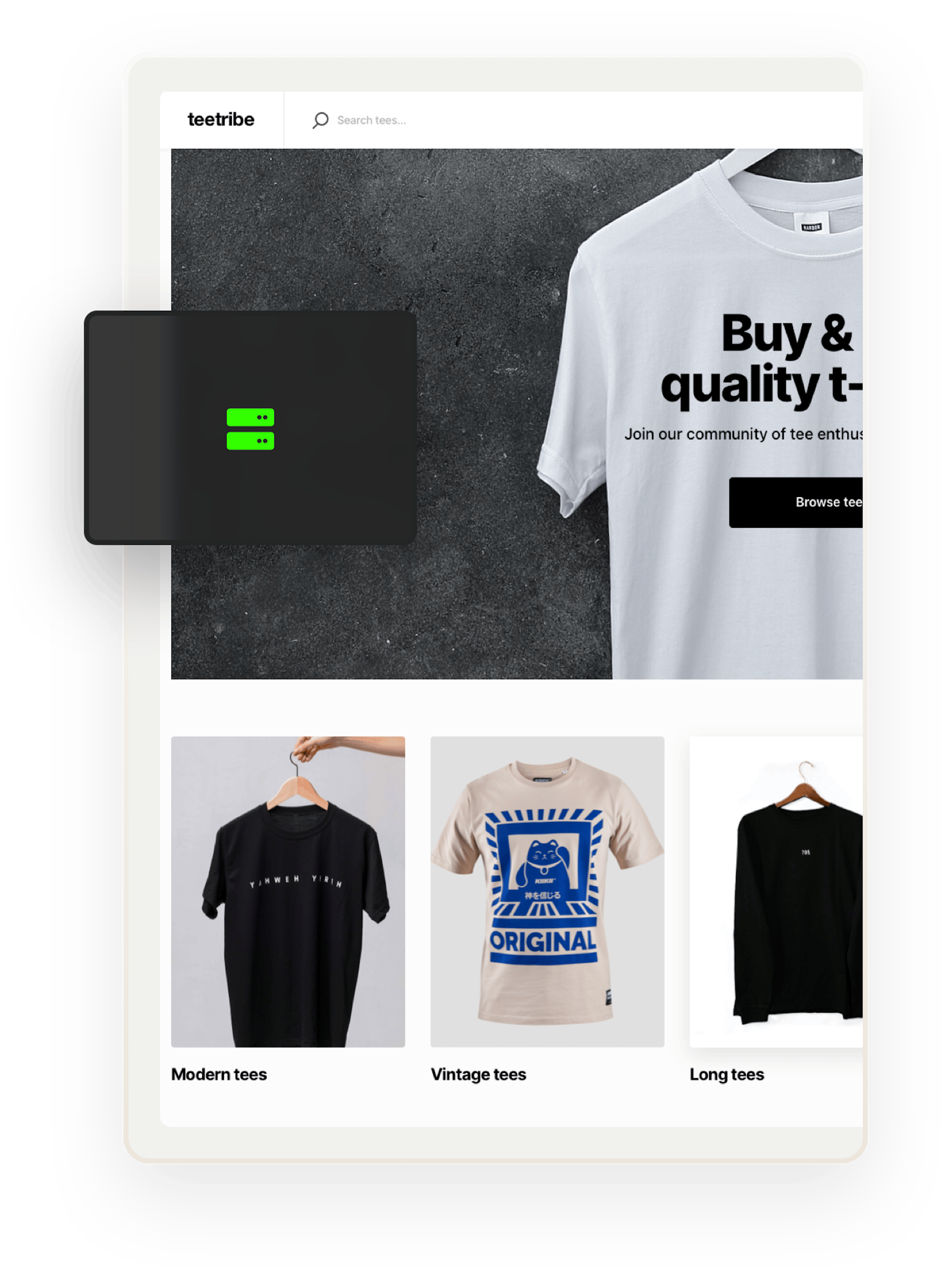 A snapshot of a landing page for Teetribe, a sample marketplace for selling t-shirts.  Overlaid on top is an icon of two servers on top of each other.