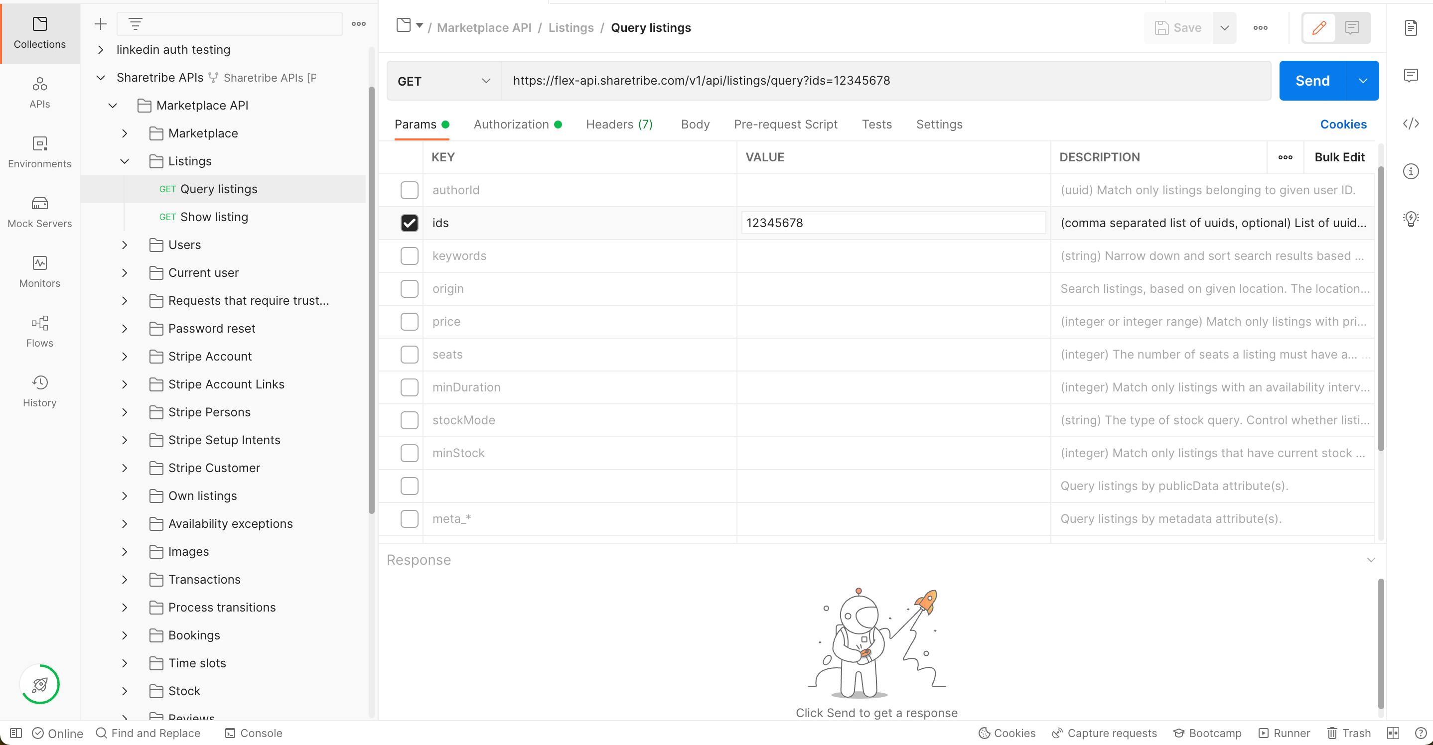 A screenshot of the Postman client showing how to enter query parameters associated with a GET request.