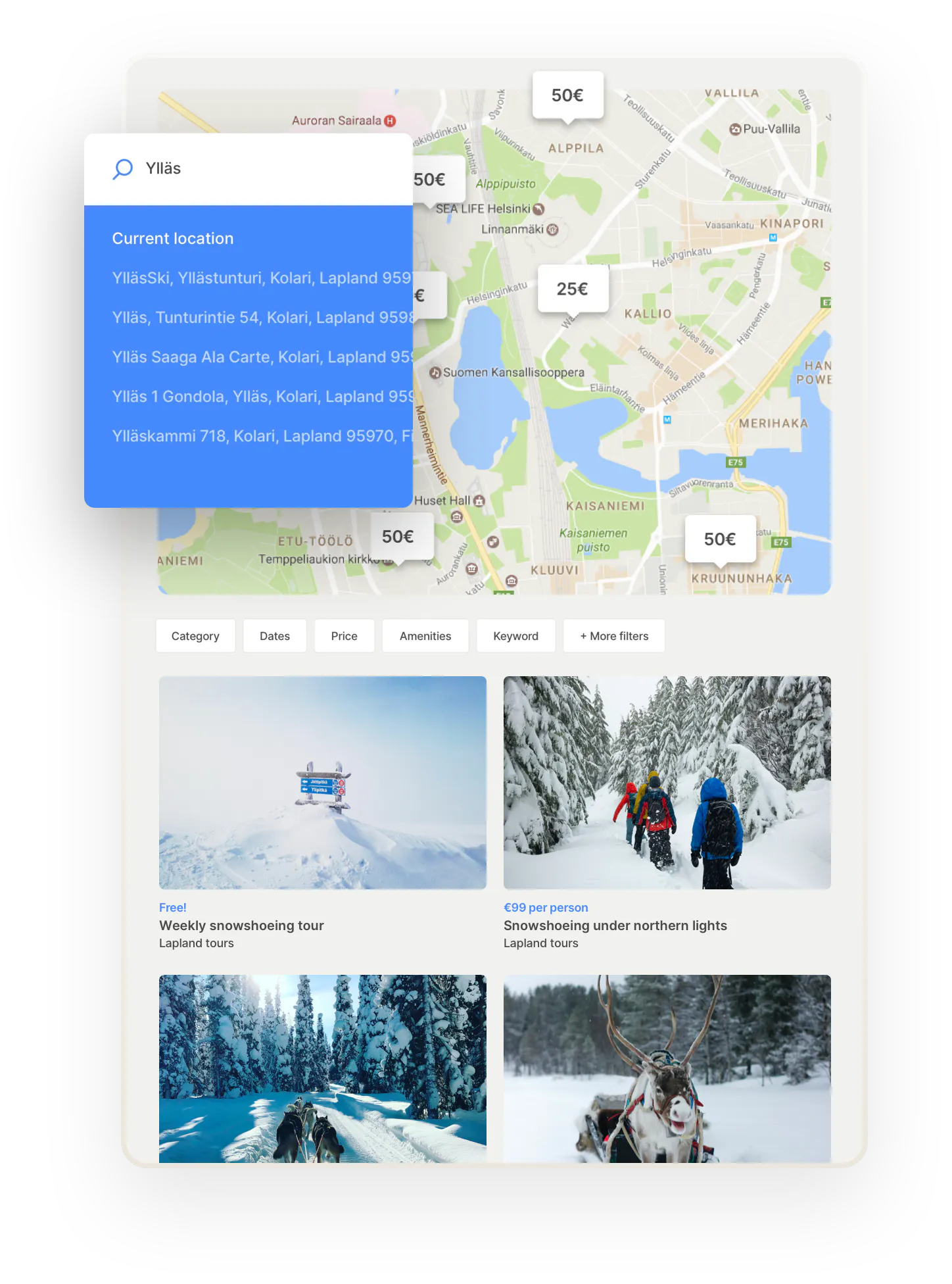 A map on the Localtribe marketplace, with bubbles for addresses where tours happen. Below, there are some additional filters like date and keywords. Then, some tour thumbnails. Overlaid on top is a location search bar with suggested locations.