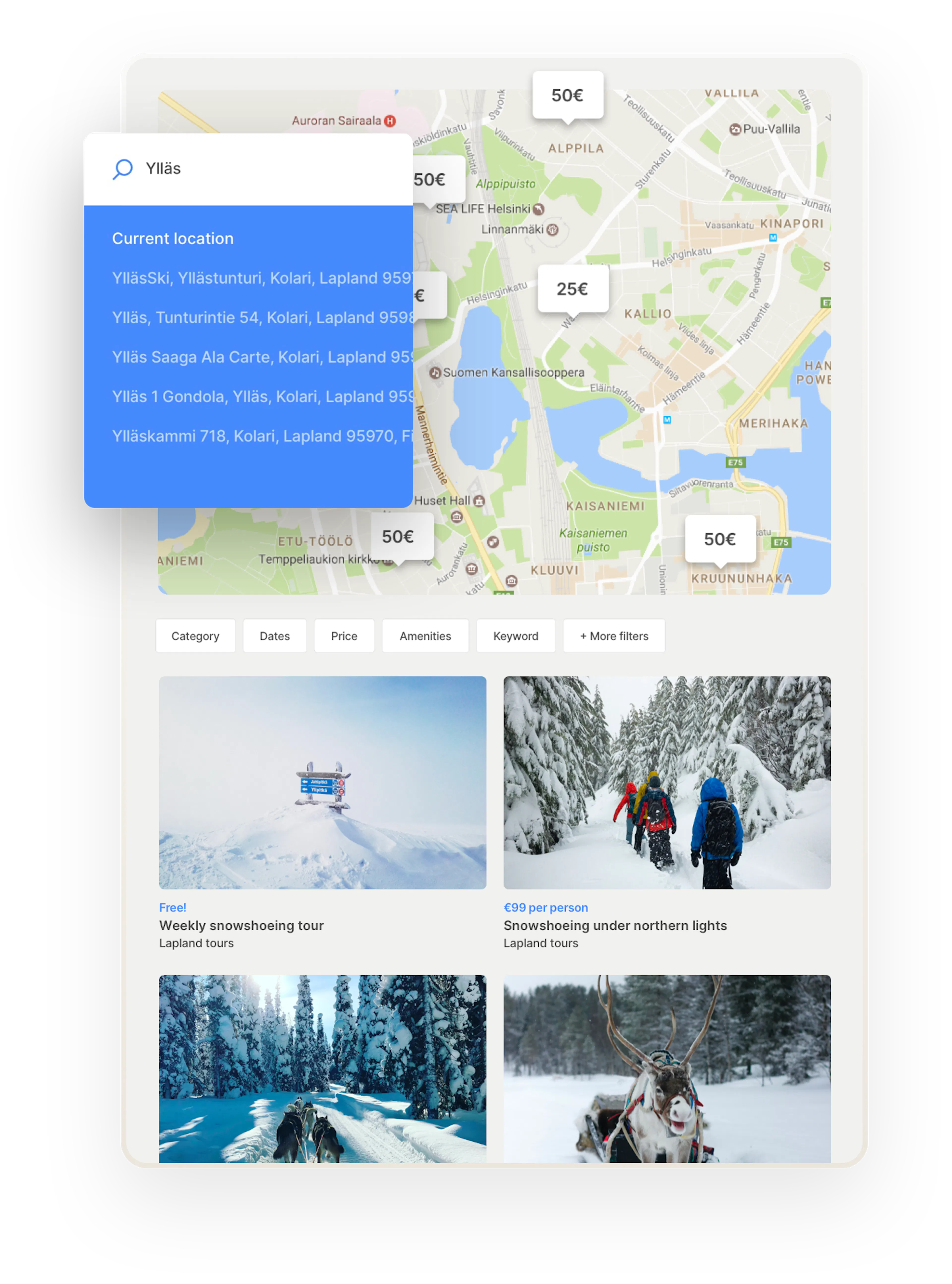 A map on the Localtribe marketplace, with bubbles for addresses where tours happen. Below, there are some additional filters like date and keywords. Then, some tour thumbnails. Overlaid on top is a location search bar with suggested locations.