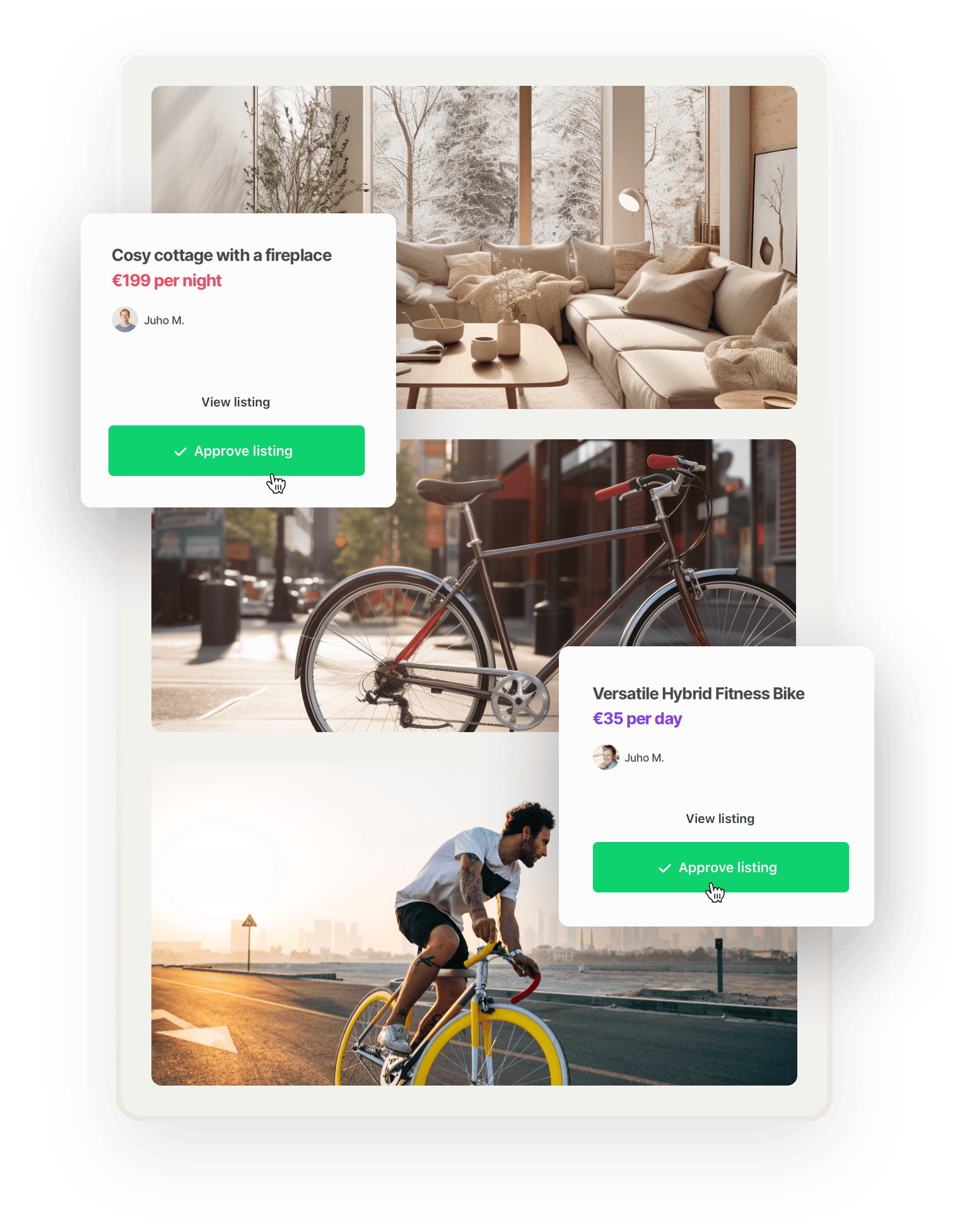 Marketplace user-generated content. Images of a modern cottage, a city bike, and a sports bike are overlaid with two listings waiting for approval from the marketplace operator.