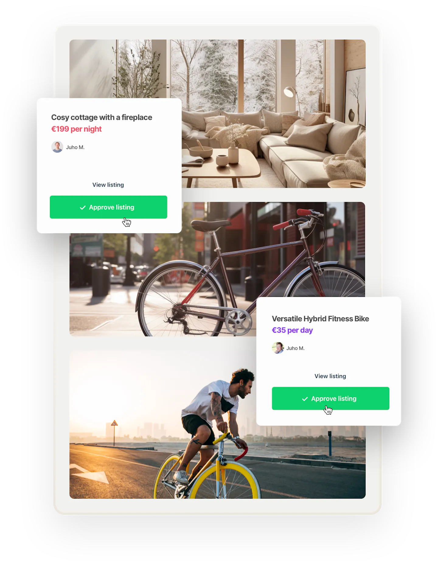 Images of a modern cottage, a city bike, and a sports bike are overlaid with two listings waiting for approval from the marketplace operator. 
