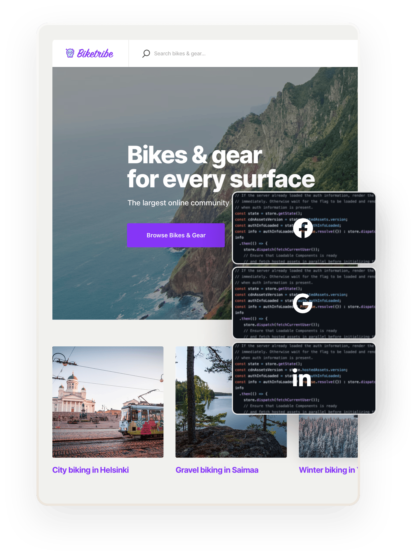 A snapshot of the Biketribe marketplace home page. Overlaid on top are three boxes showing code and symbols for Facebook, Google, and LinkedIn.