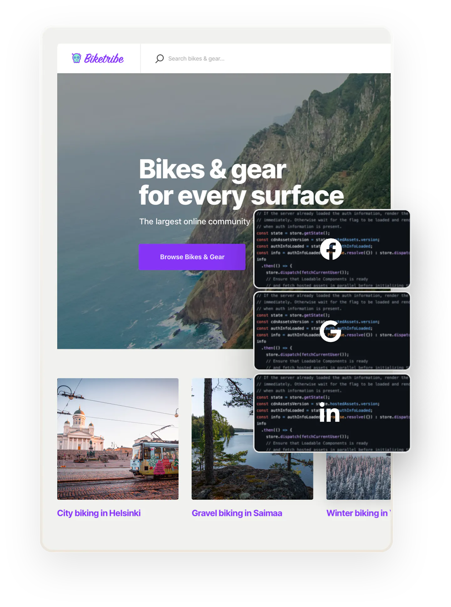 A snapshot of the Biketribe marketplace home page. Overlaid on top are three boxes showing code and symbols for Facebook, Google, and LinkedIn.