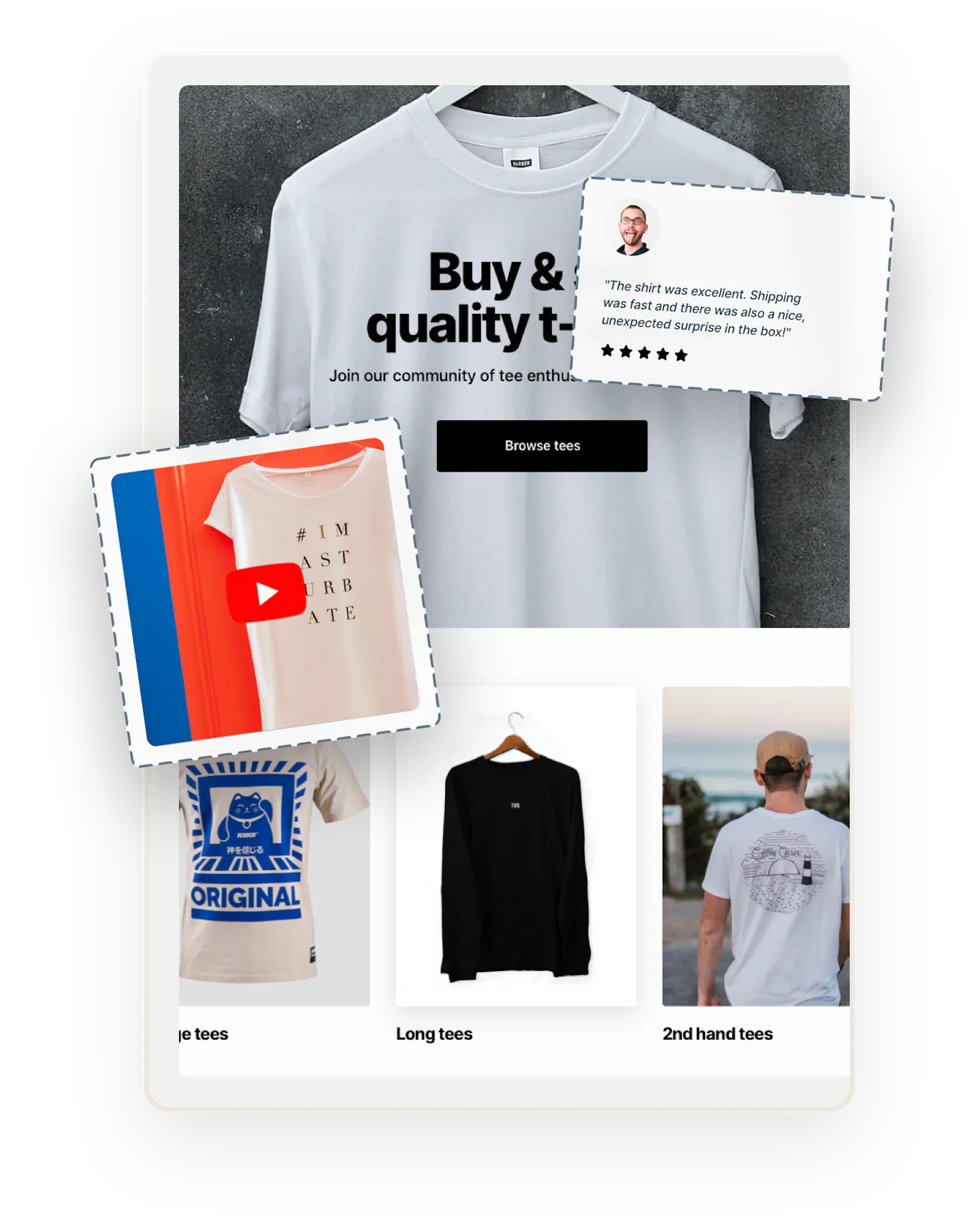 A snapshot of a landing page for a sample product marketplace for selling t-shirts called Teetribe. An image of a 5-star review and a video thumbnail are overlaid on top.