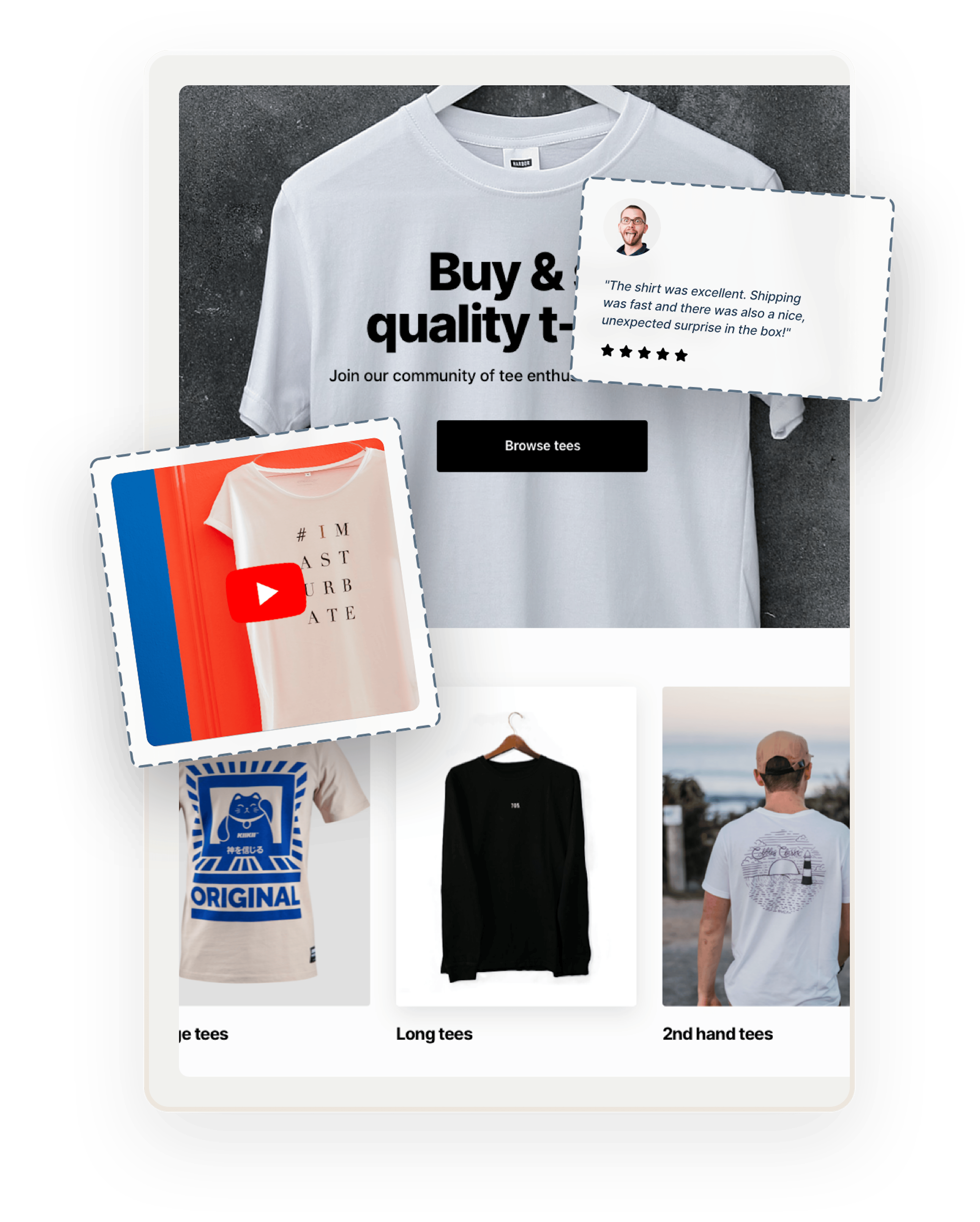 A snapshot of a landing page for a sample product marketplace for selling t-shirts called Teetribe. An image of a 5-star review and a video thumbnail are overlaid on top.