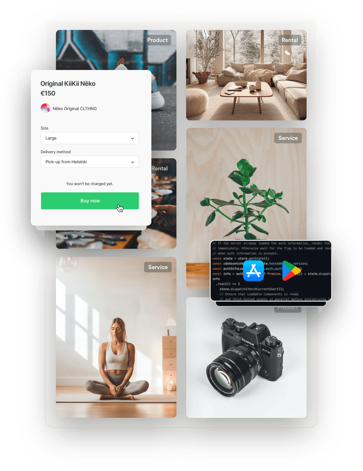 Selection of square, landscape, and portrait listing images, including a sneaker, a living room, a fine dining dish, a potted plant, a yogi, and a camera. Overlaid on top is a purchase form for a t-shirt and a box with code and logos for Apple's and Google's app stores.