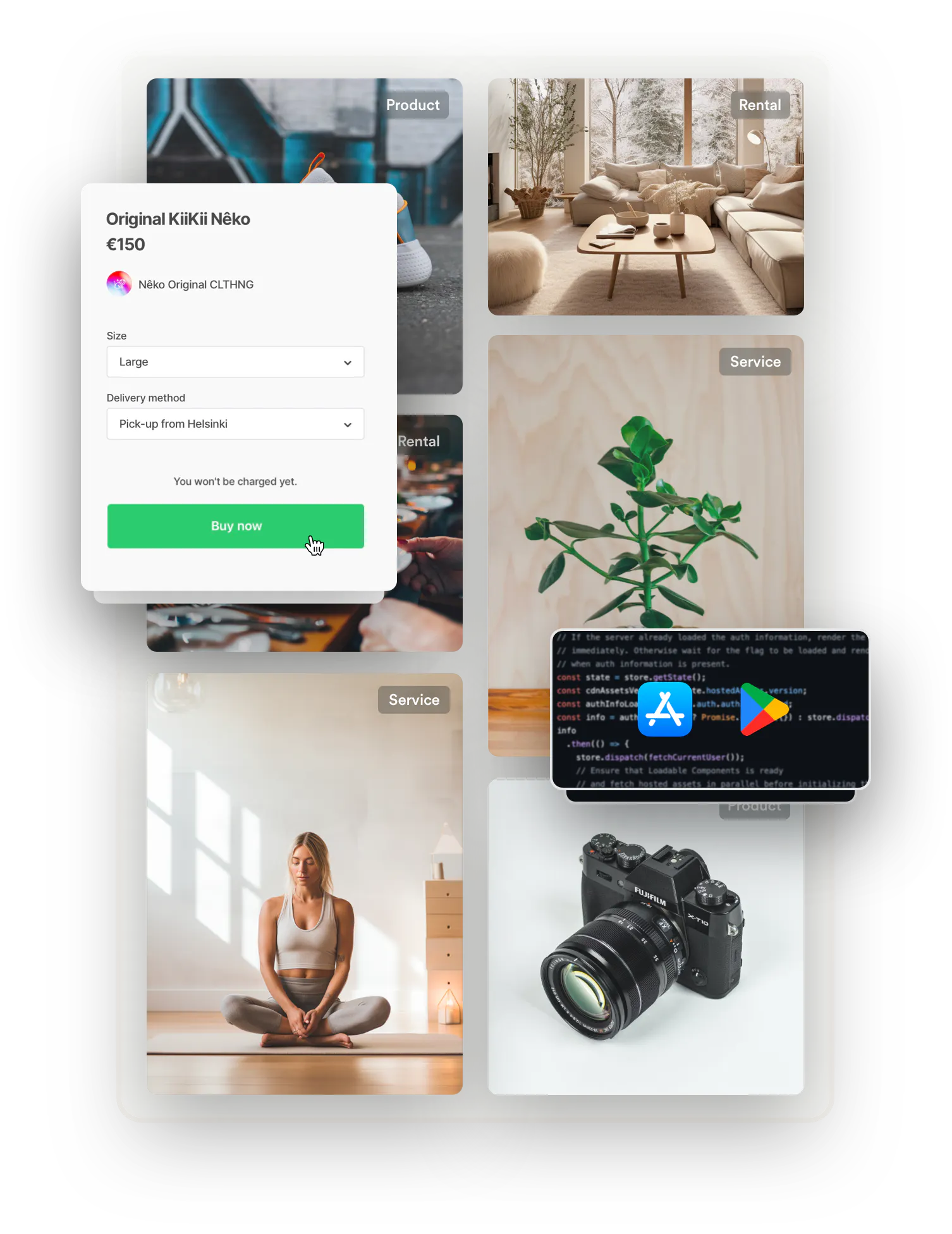 Selection of square, landscape, and portrait listing images, including a sneaker, a living room, a fine dining dish, a potted plant, a yogi, and a camera. Overlaid on top is a purchase form for a t-shirt and a box with code and logos for Apple's and Google's app stores.