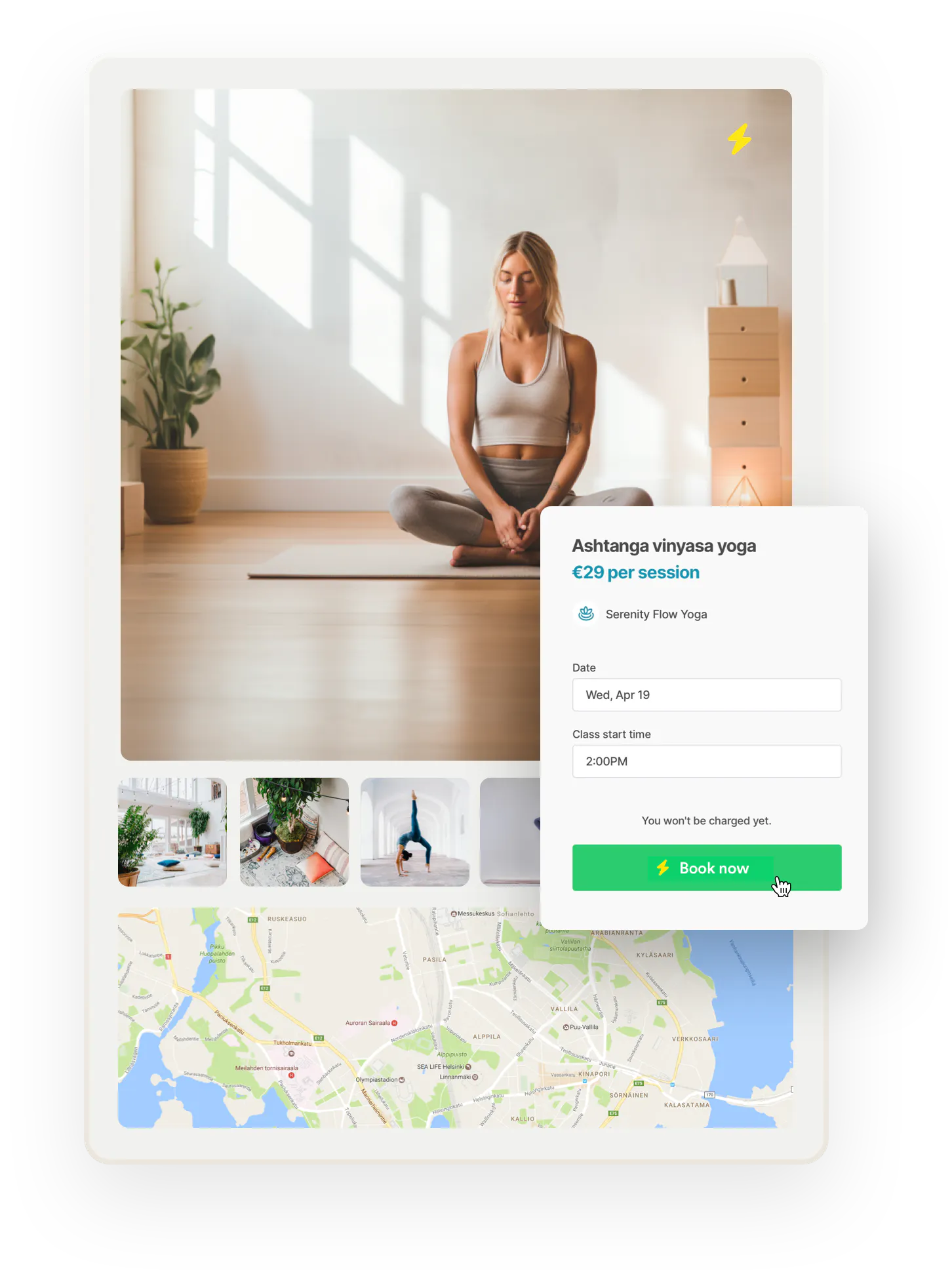 A page showing elements of a listing page: an image of a restful person doing yoga and map where the class happens. Overlaid is a booking form with the option to "Book now" instead of request.