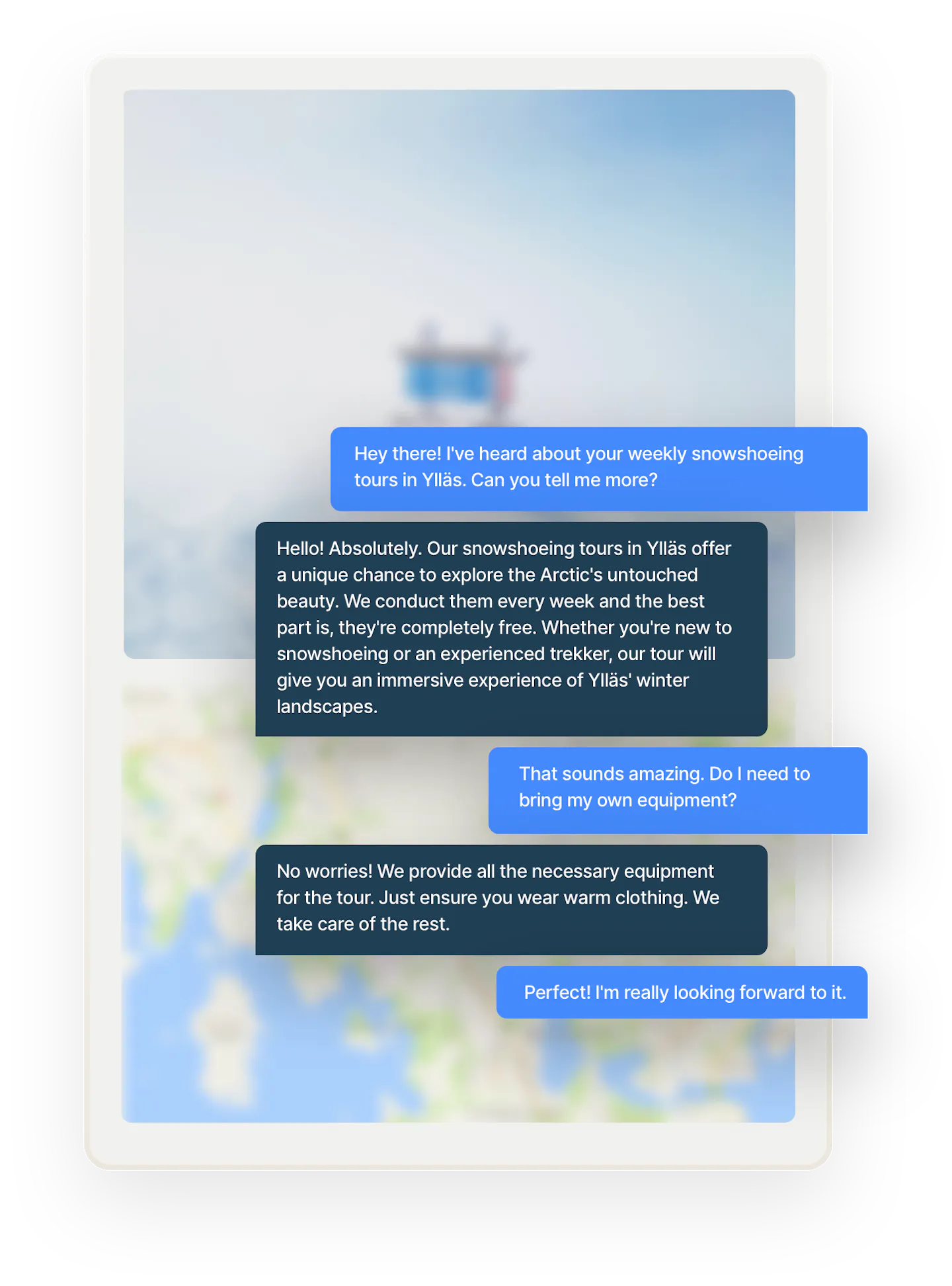 A chat between a prospective customer and a provider offering snowshoeing tours. The customer wants to know more about the experience and if equipment is provided. It is! The customer is looking forward to the tour.