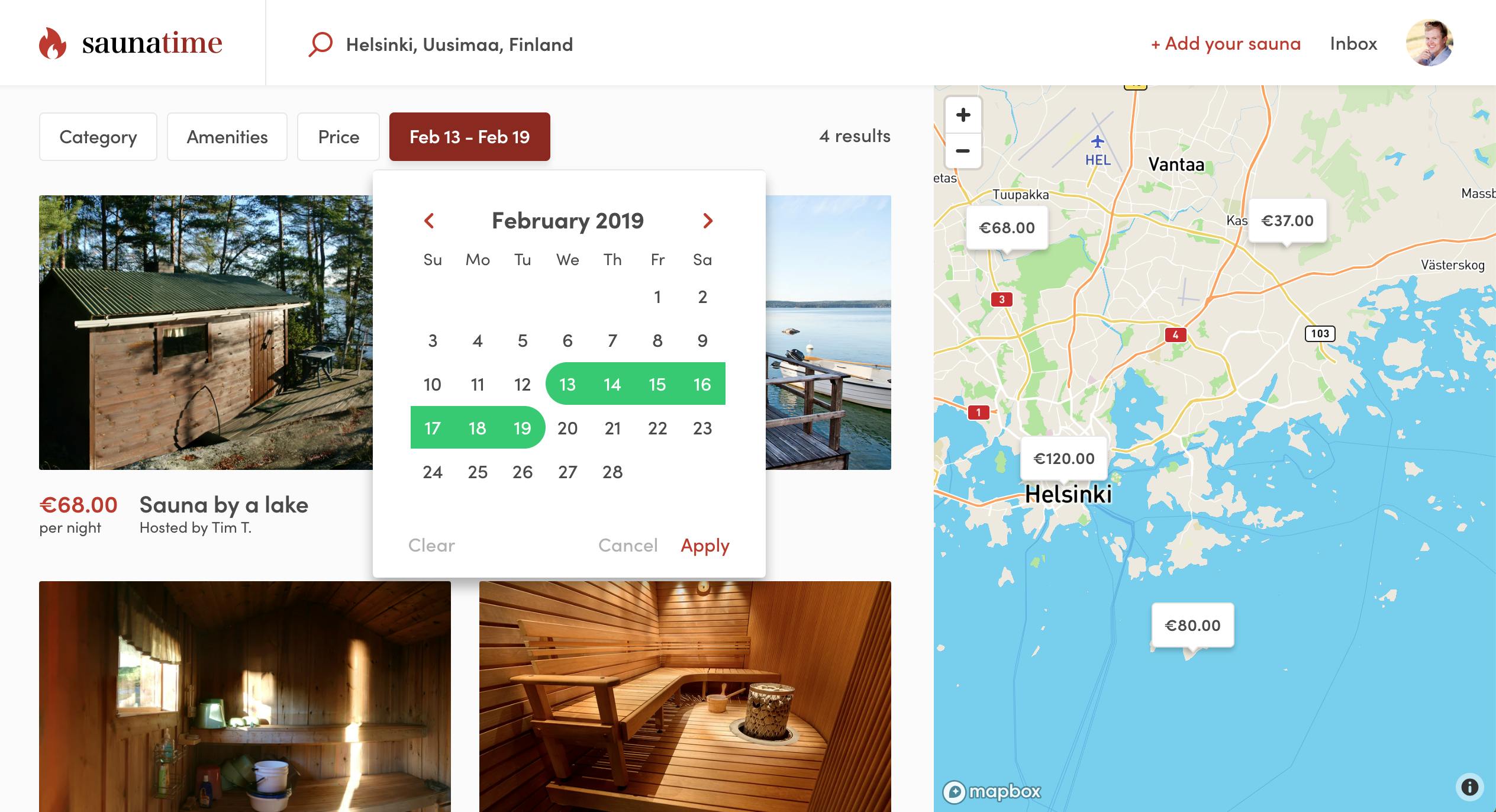 Screenshot of Saunatime marketplace app's "filter by available dates" feature.