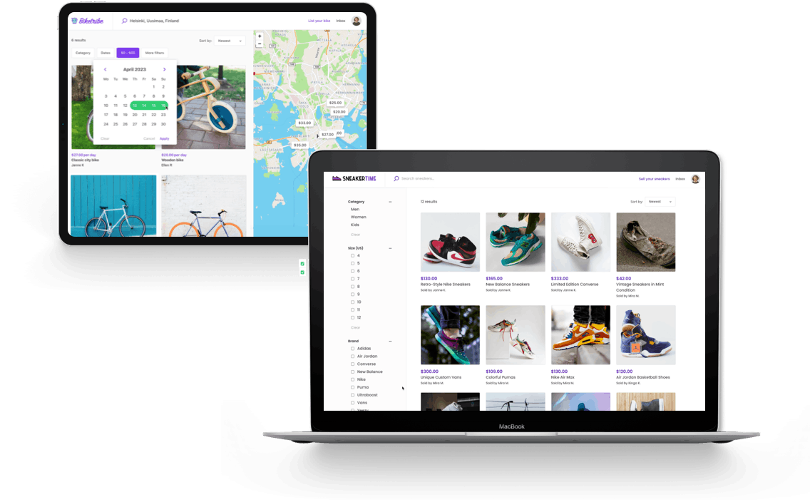 A laptop shows the grid view search page layout, which consists of listing thumbnails and a side bar of filters. Slightly behind the laptop, a table shows the map view search pages with the calendar availability filter open.