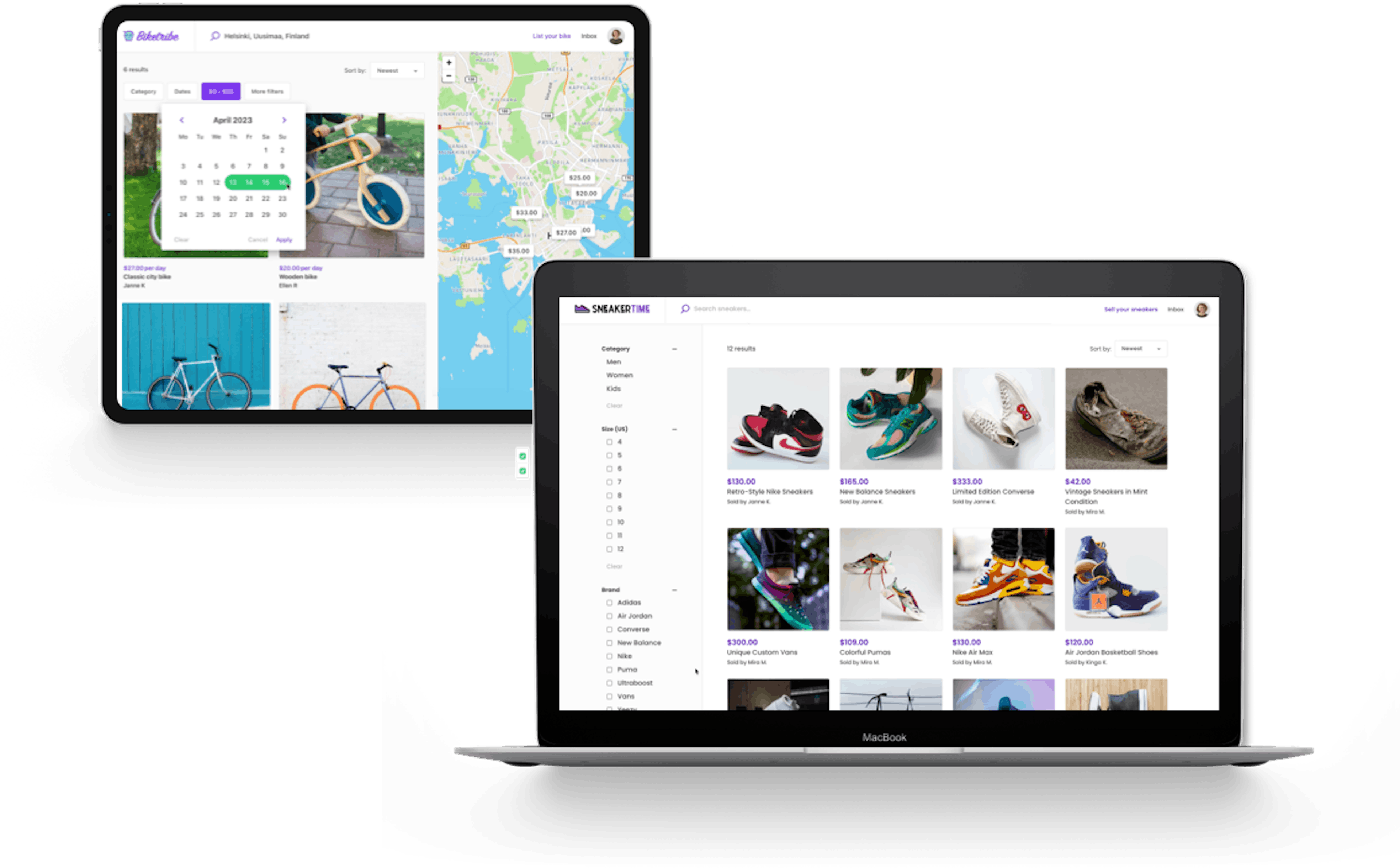 A laptop shows the grid view search page layout, which consists of listing thumbnails and a side bar of filters. Slightly behind the laptop, a table shows the map view search pages with the  calendar availability filter open.