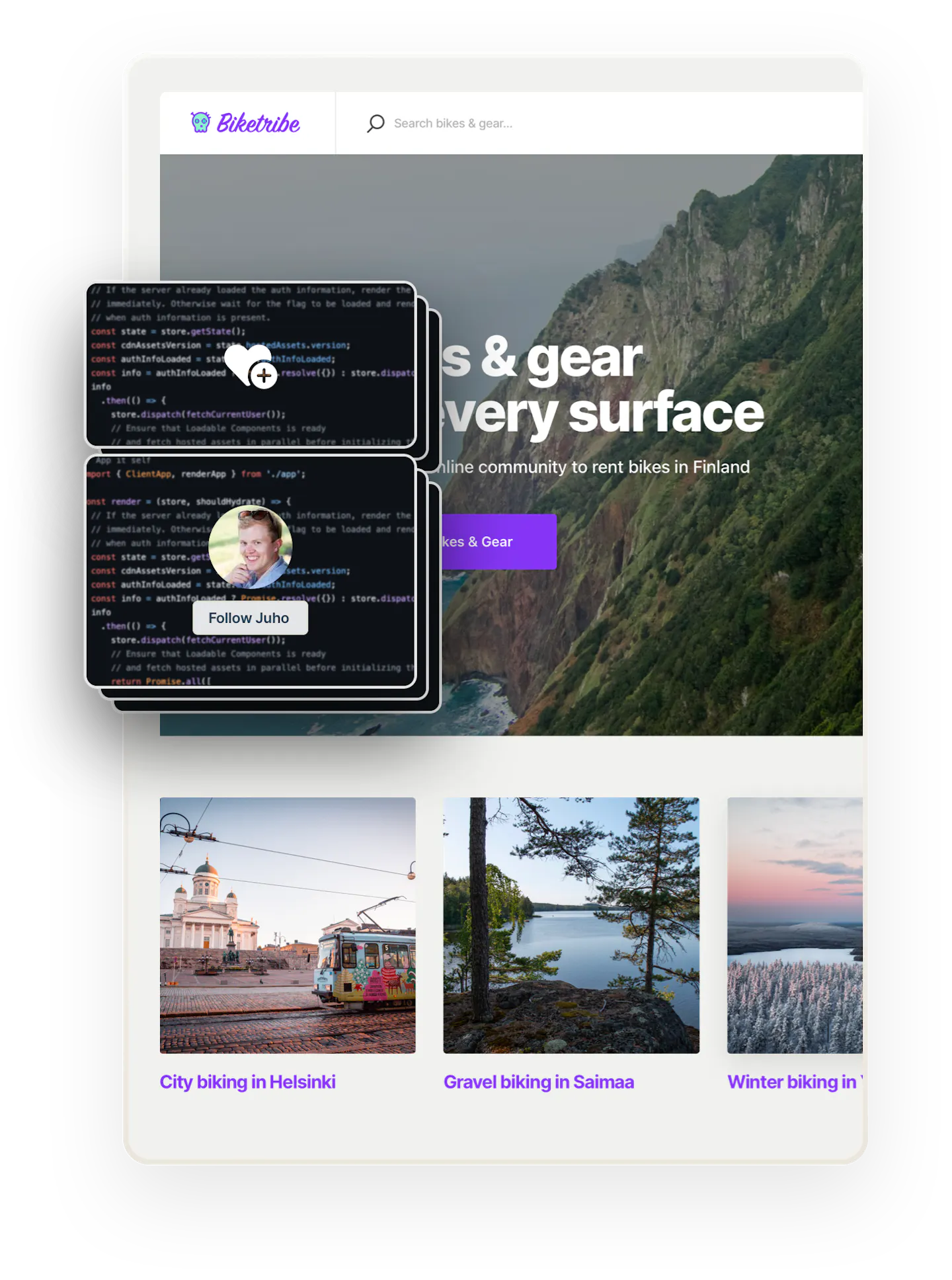 A snapshot of the Biketribe marketplace home page. Overlaid on top are several boxes showing code. The two on top show a like symbol and a follow button, showing that these features can be added with coding.
