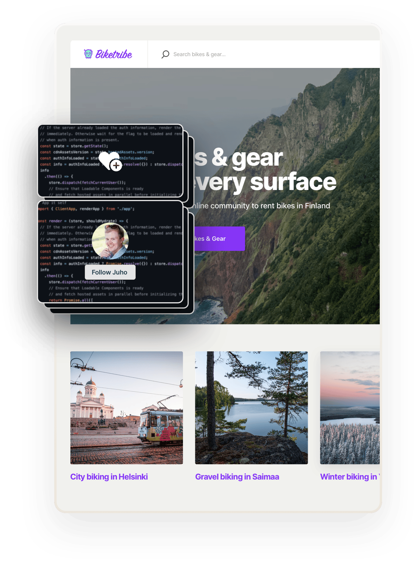 A snapshot of the Biketribe marketplace home page. Overlaid on top are several boxes showing code. The two on top show a like symbol and a follow button, showing that these features can be added with coding.