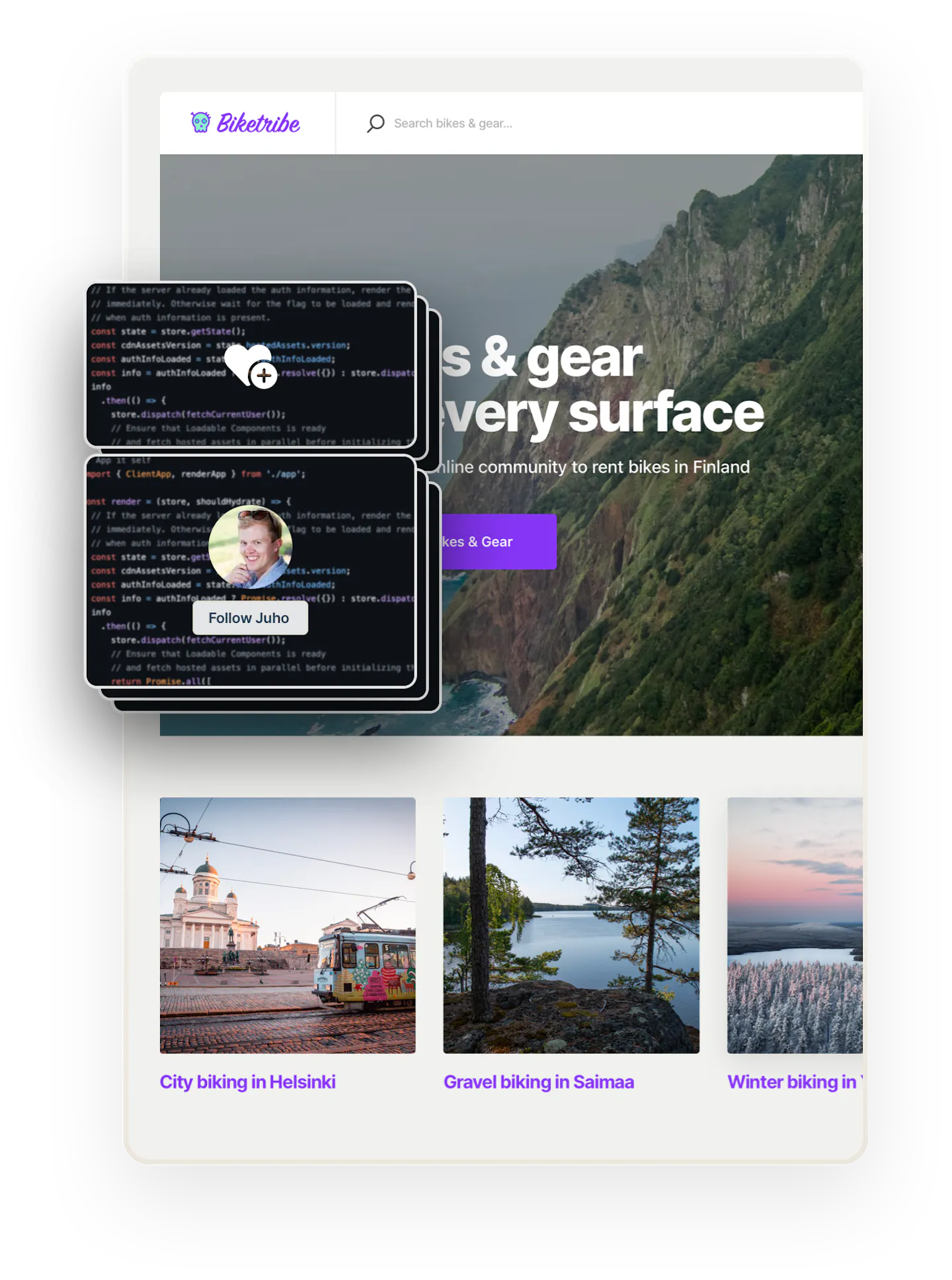 A snapshot of the Biketribe marketplace home page. Overlaid on top are several boxes showing code. The two on top show a like symbol and a follow button, showing that these features can be added with coding.