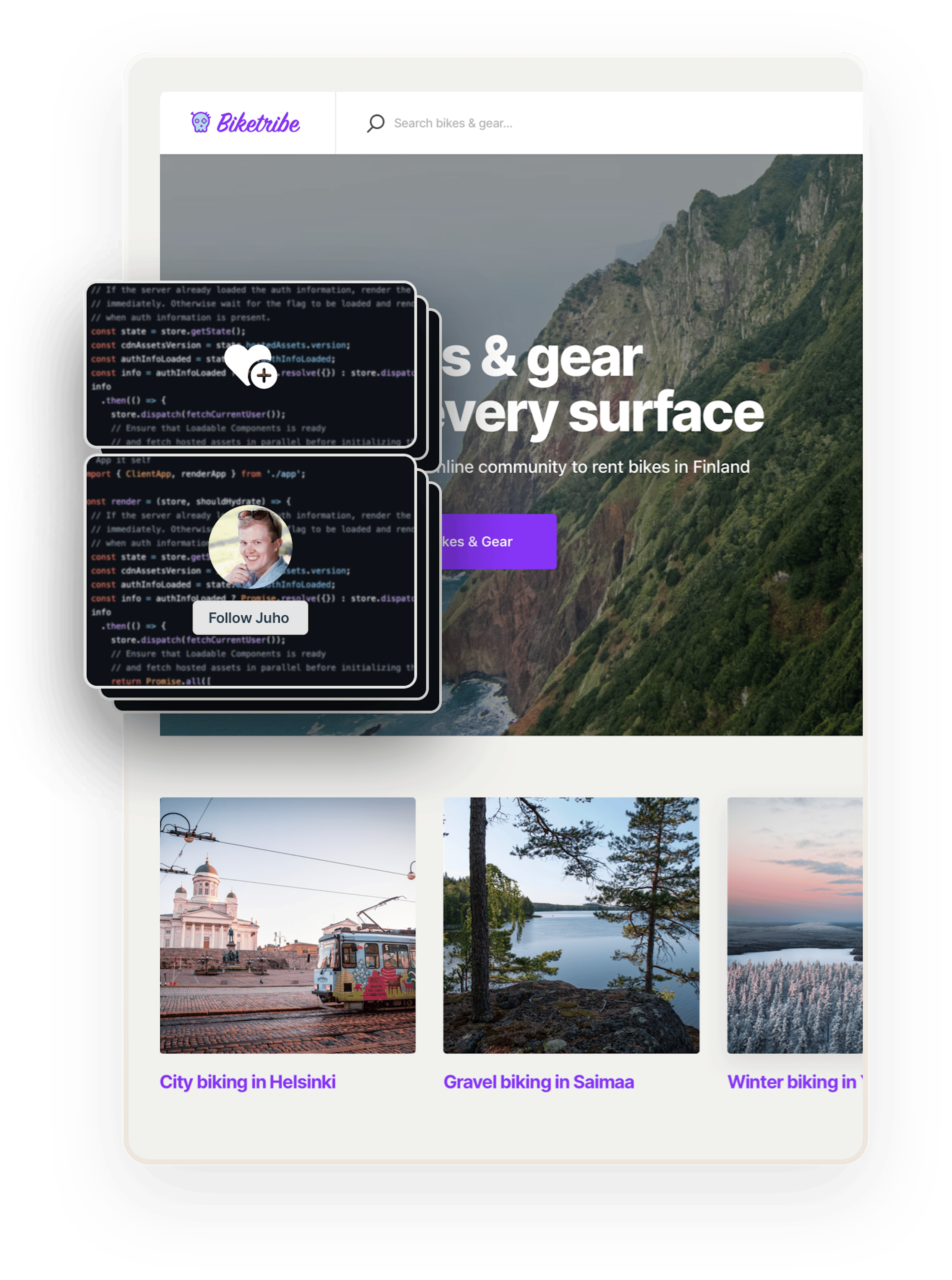 A snapshot of the Biketribe marketplace home page. Overlaid on top are several boxes showing code. The two on top show a like symbol and a follow button, showing that these features can be added with coding.