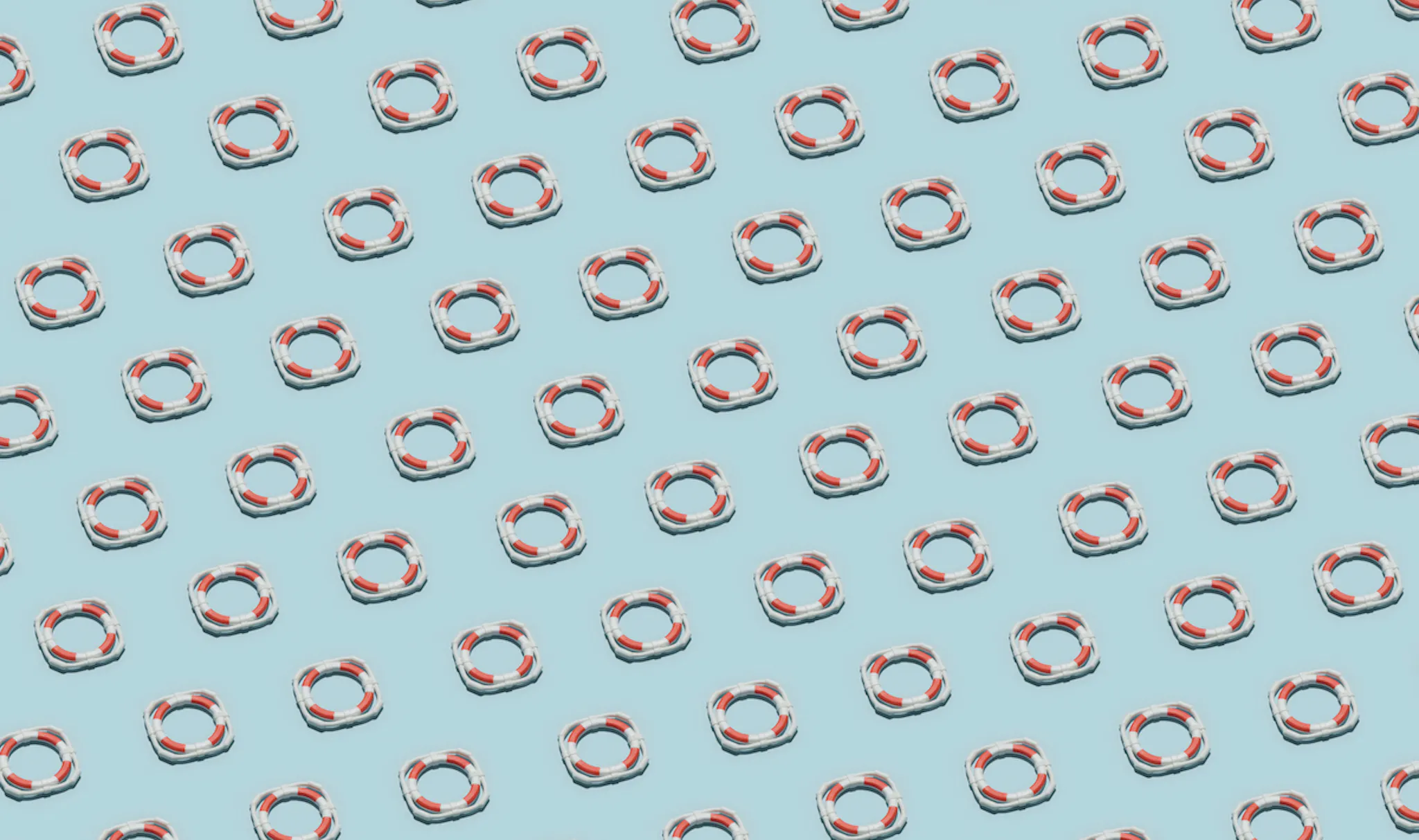 Red-and-white ifebuoys arranged in sequence.