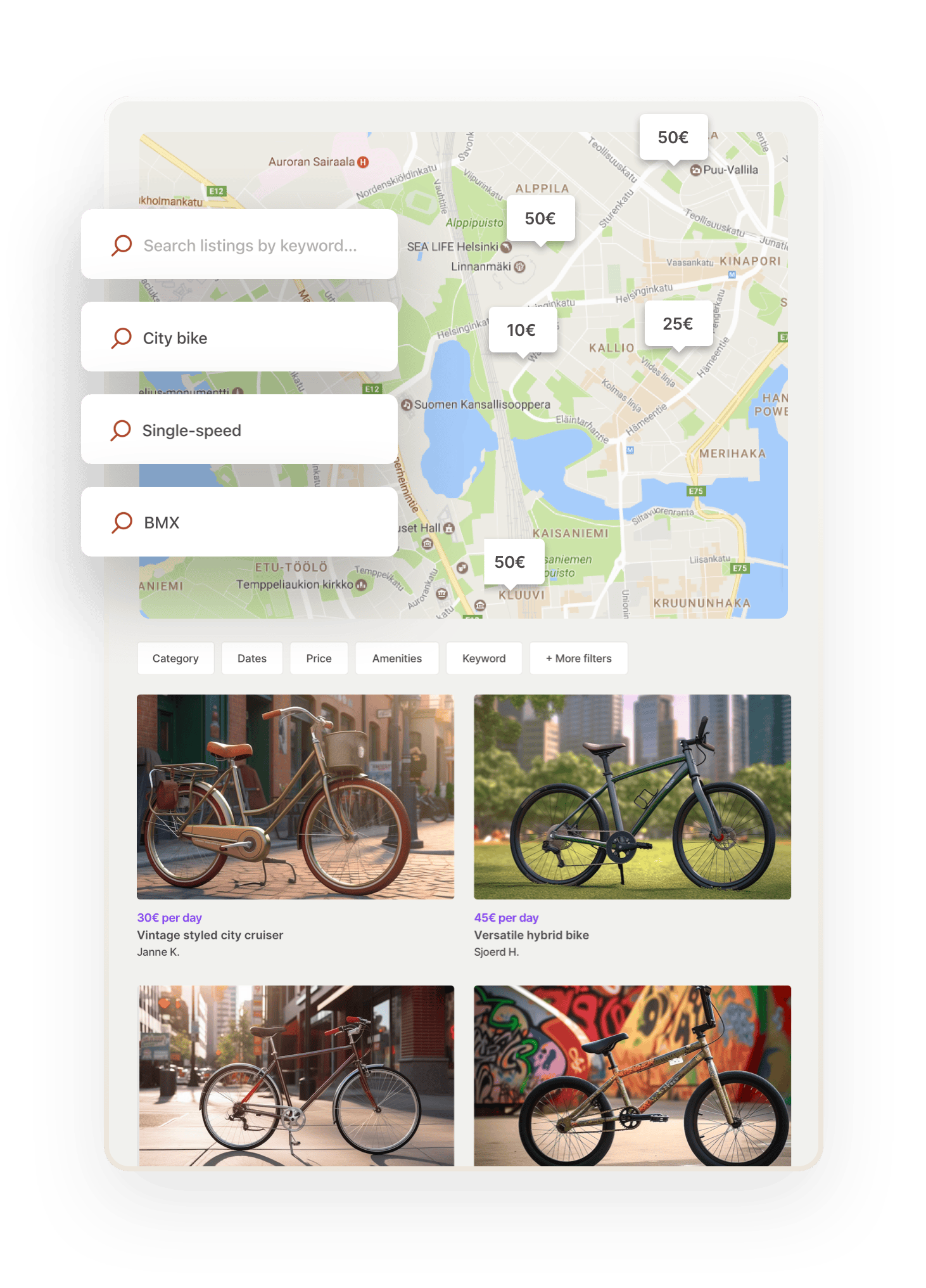 A search page on a bike rental marketplace. The page has a map with bubbles where bikes are and bike thumbnails in a grid. Overlaid on top are keyword search bars. Someone is searching for a city bike, another for a BMX bike.