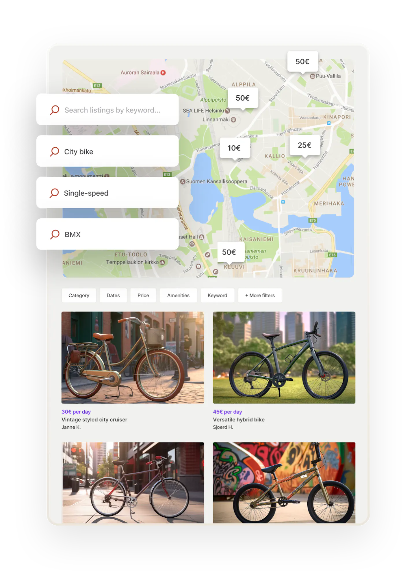 A search page on a bike rental marketplace. The page has a map with bubbles where bikes are and bike thumbnails in a grid. Overlaid on top are keyword search bars. Someone is searching for a city bike, another for a BMX bike.