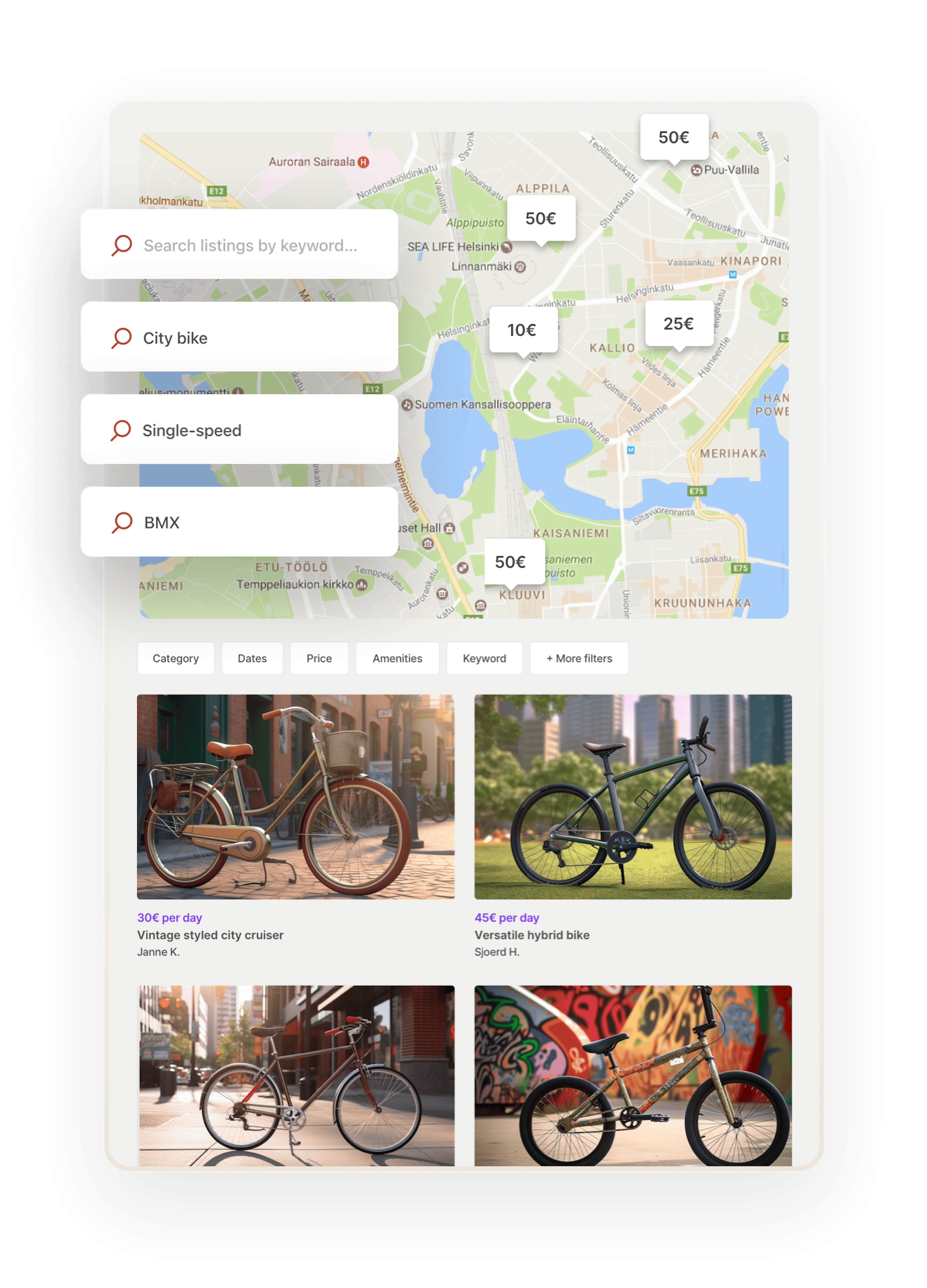 A search page on a bike rental marketplace. The page has a map with bubbles where bikes are and bike thumbnails in a grid. Overlaid on top are keyword search bars. Someone is searching for a city bike, another for a BMX bike.