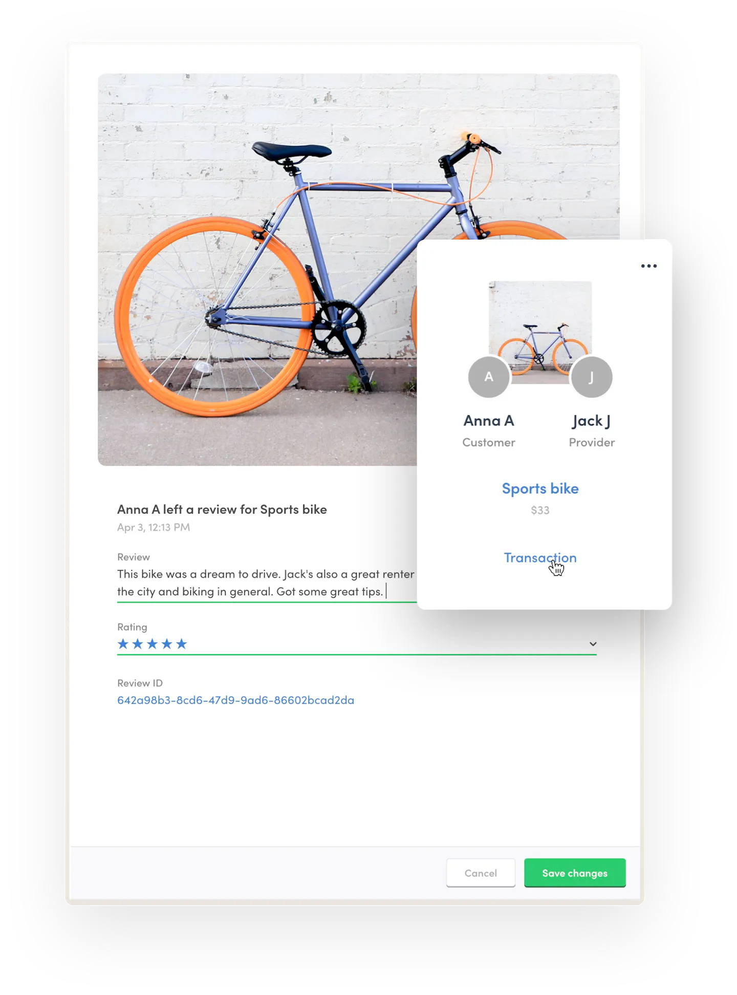 A review for a sports bike in Console. The customer, Anna, has left a glowing review, but the marketplace operator is changing it, maybe to fix a typo.