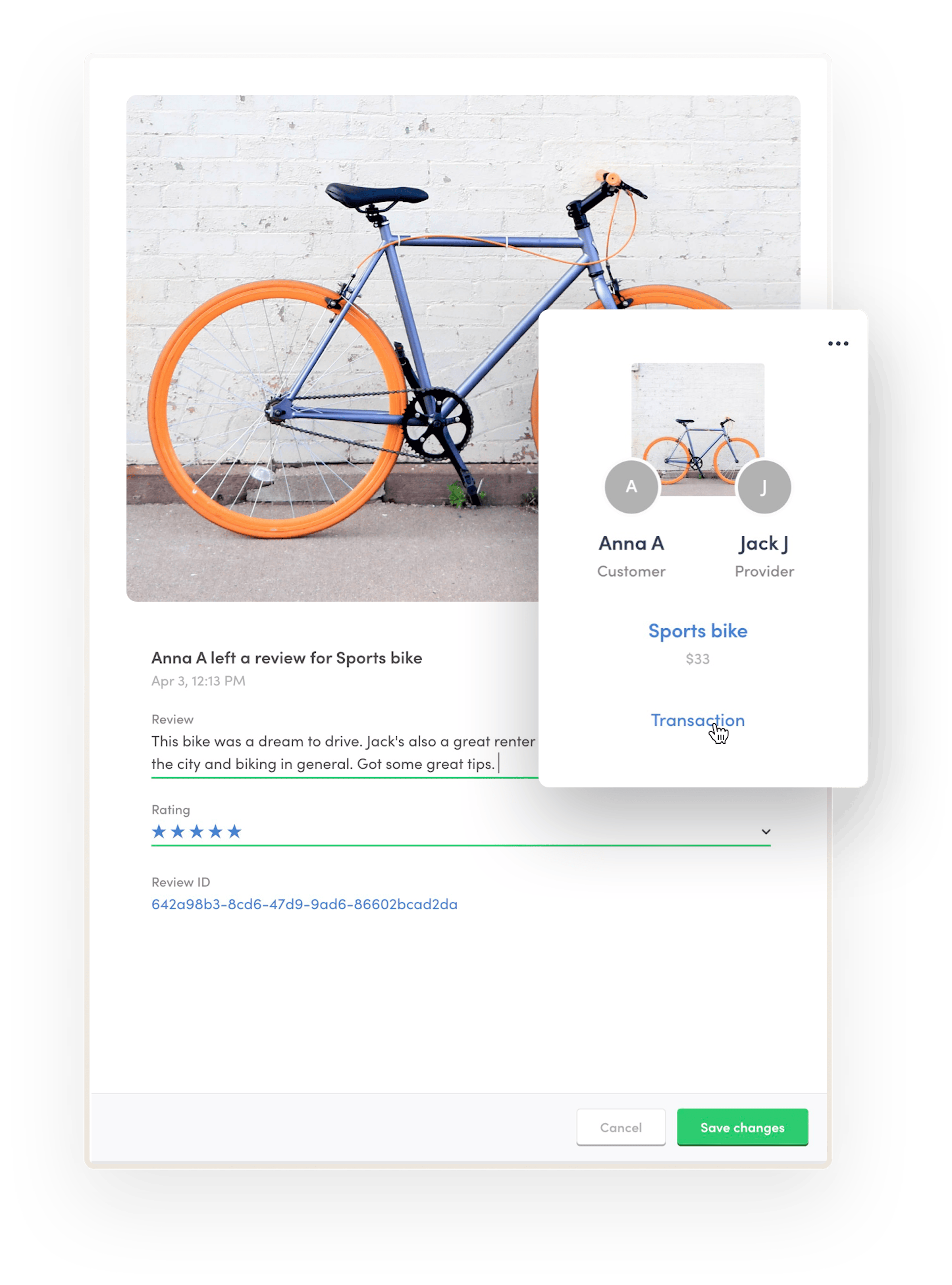 A review for a sports bike in Console. The customer, Anna, has left a glowing review, but the marketplace operator is changing it, maybe to fix a typo.