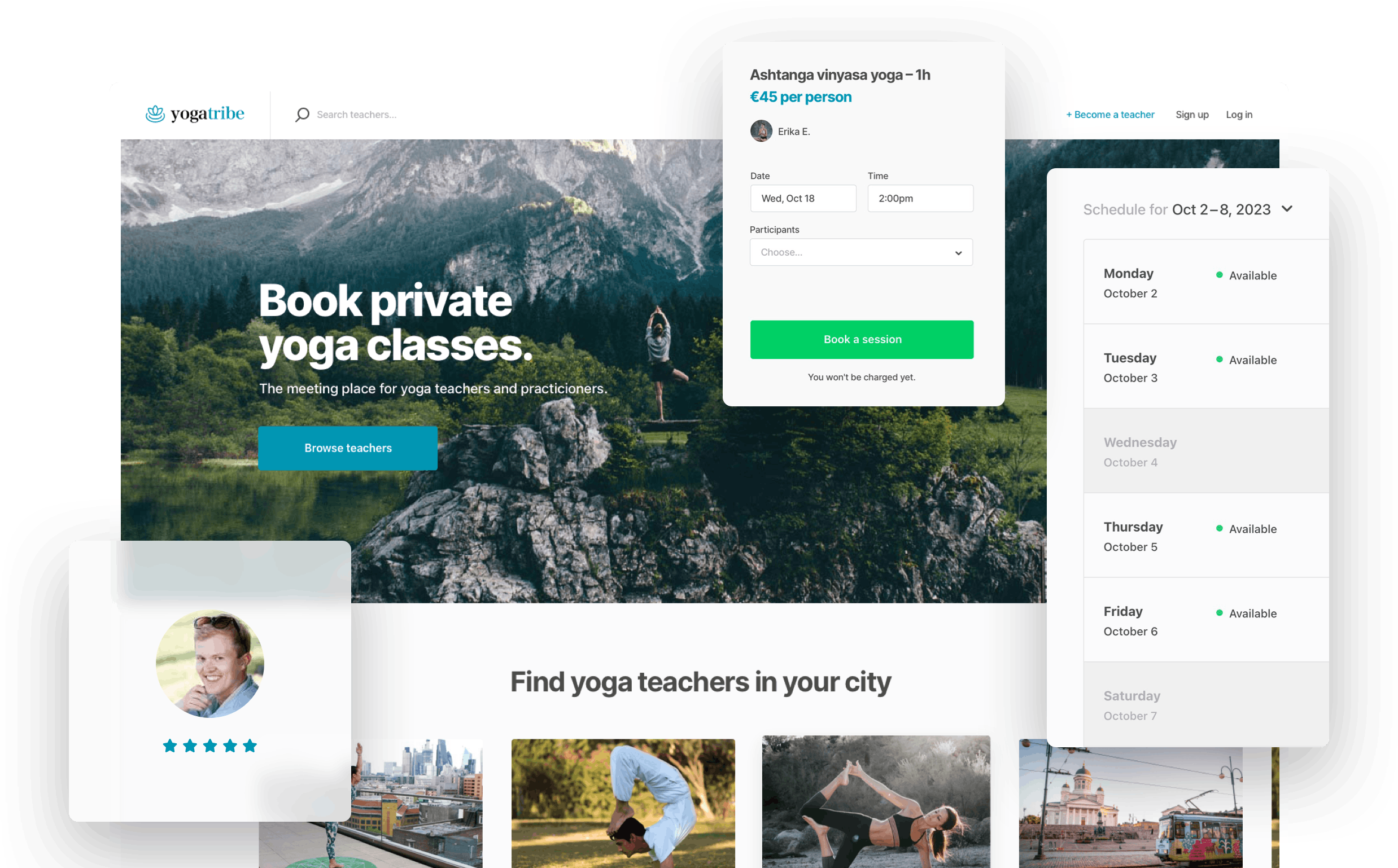 A landing page of a sample yoga class marketplace. Overlaid is a booking form, an availability management tool, and a user with a five-star review.