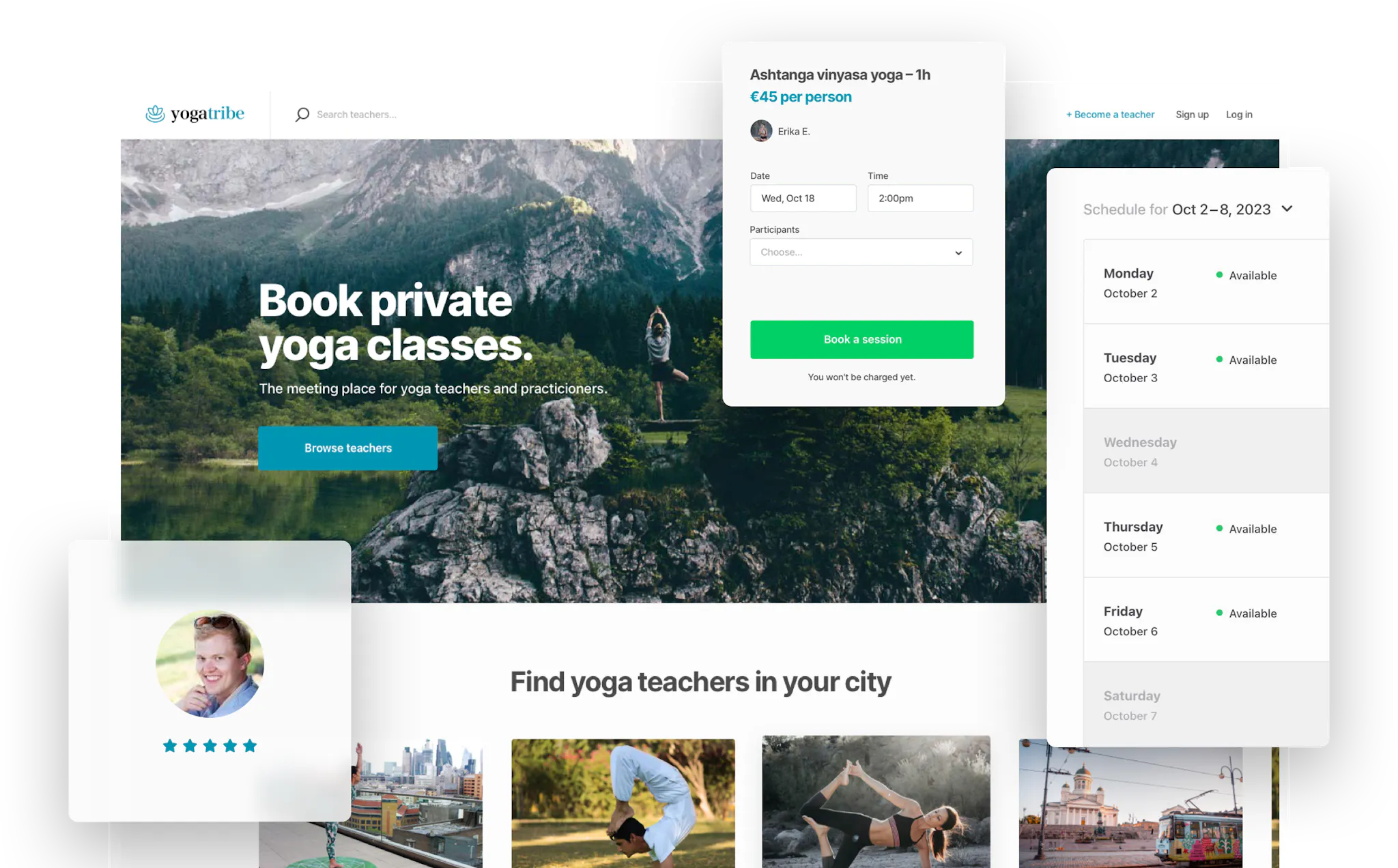 A landing page of a sample yoga class marketplace. Overlaid is a booking form, an availability management tool, and a user with a five-star review.