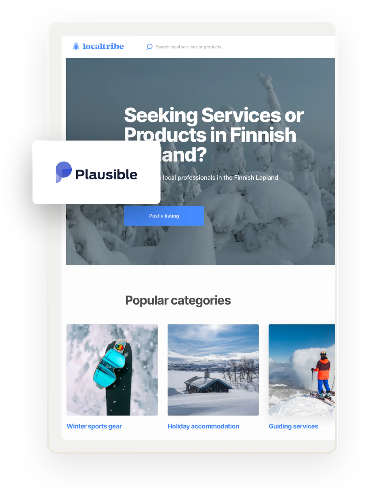 The home page of a marketplace based in Finnish Lapland. Overlaid on top is the Plausible logo.