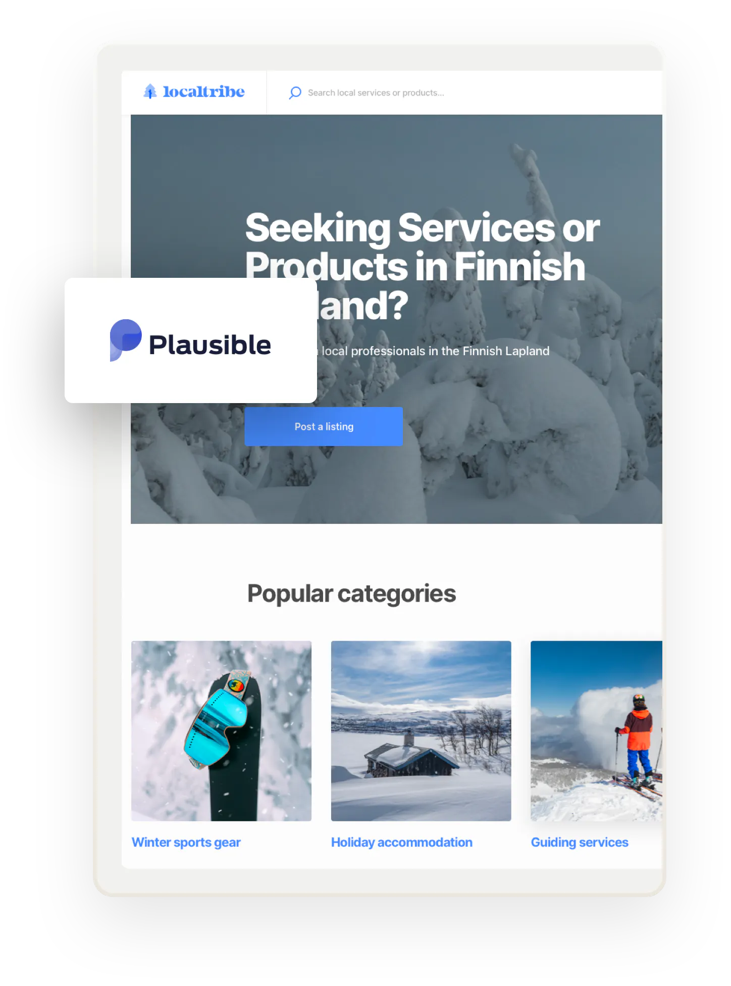 The home page of a marketplace based in Finnish Lapland. Overlaid on top is the Plausible logo.