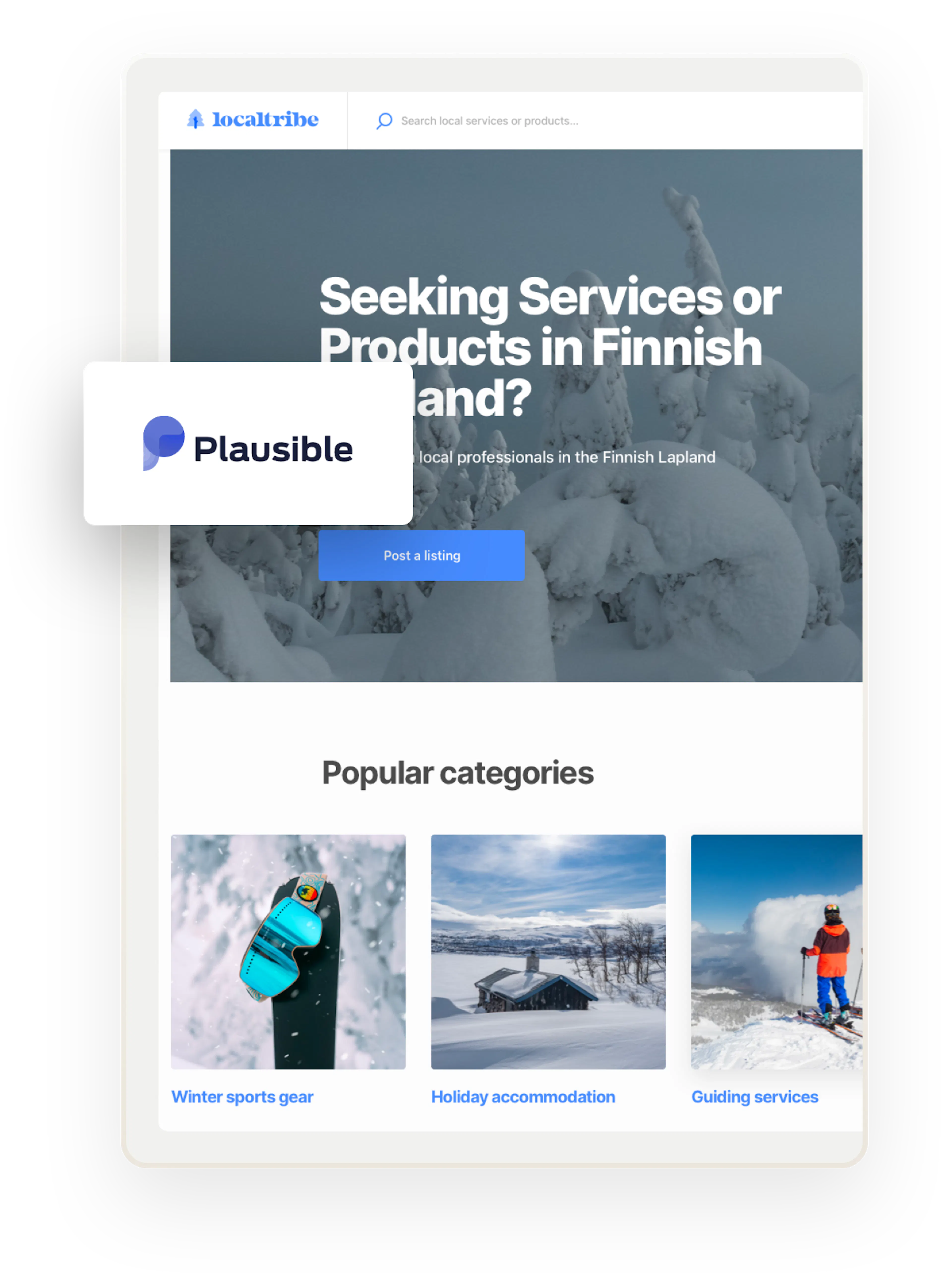 The home page of a marketplace based in Finnish Lapland. Overlaid on top is the Plausible logo.