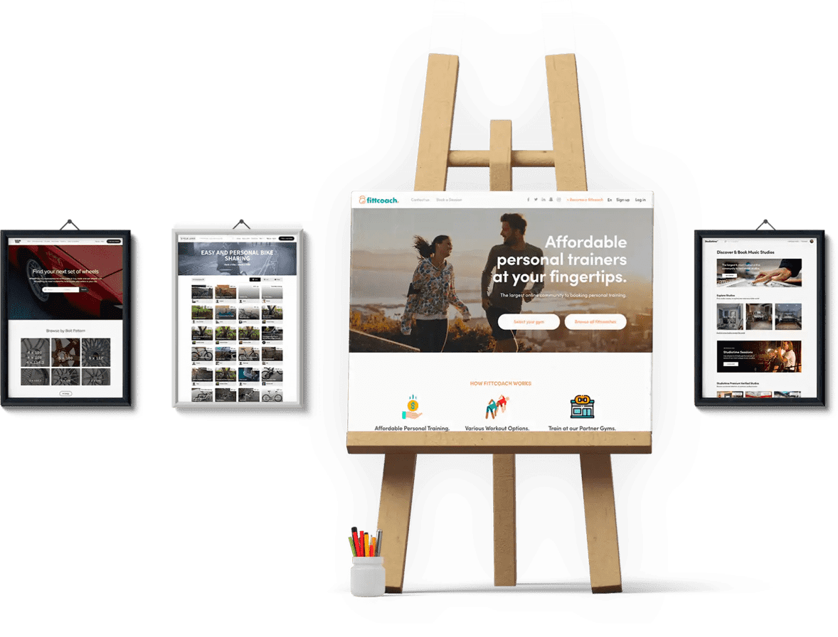 Three picture frames and an easel with screenshots of Sharetribe-powered marketplaces.