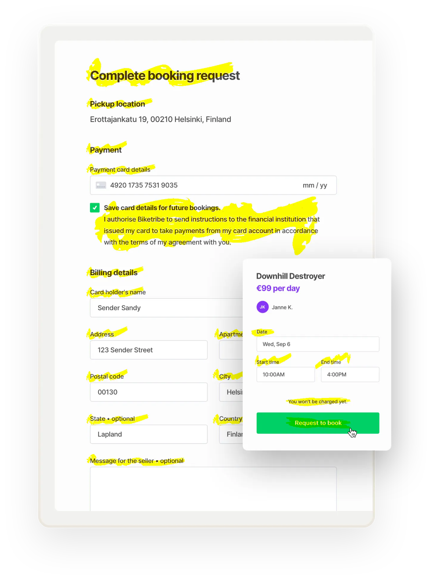 An image of a checkout page for a booking request. All small texts like billing details and address are highlighted in yellow, showcasing that you can modify all of these texts.