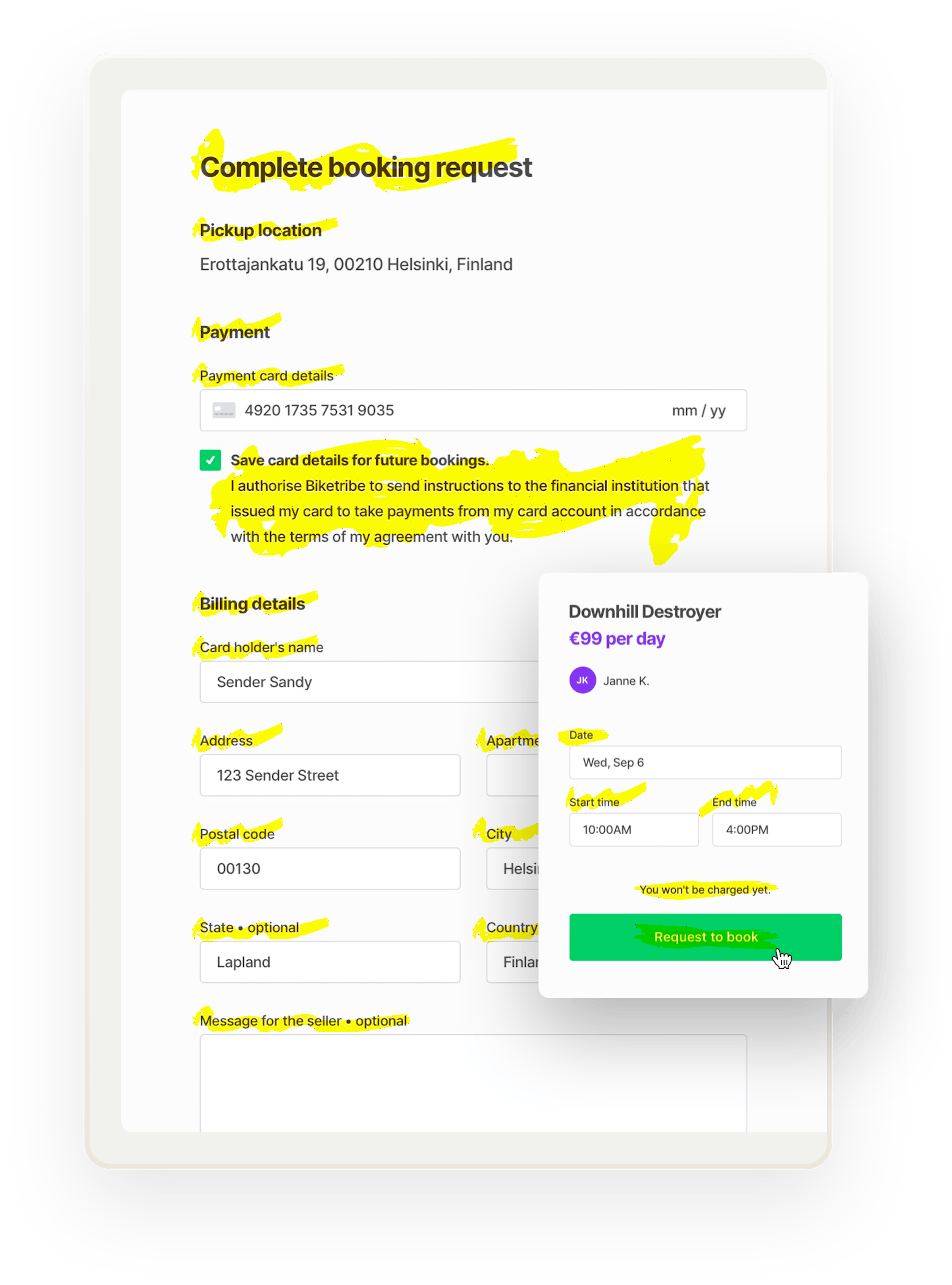An image of a checkout page for a booking request. All small texts like billing details and address are highlighted in yellow, showcasing that you can modify all of these texts.